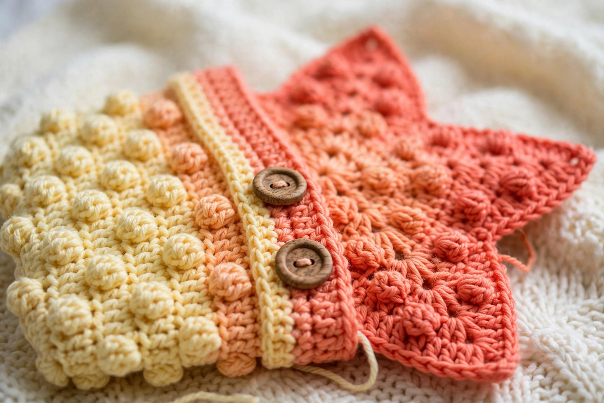 Close-up of the bobble stitches and wooden buttons on the sunset starfish wrap