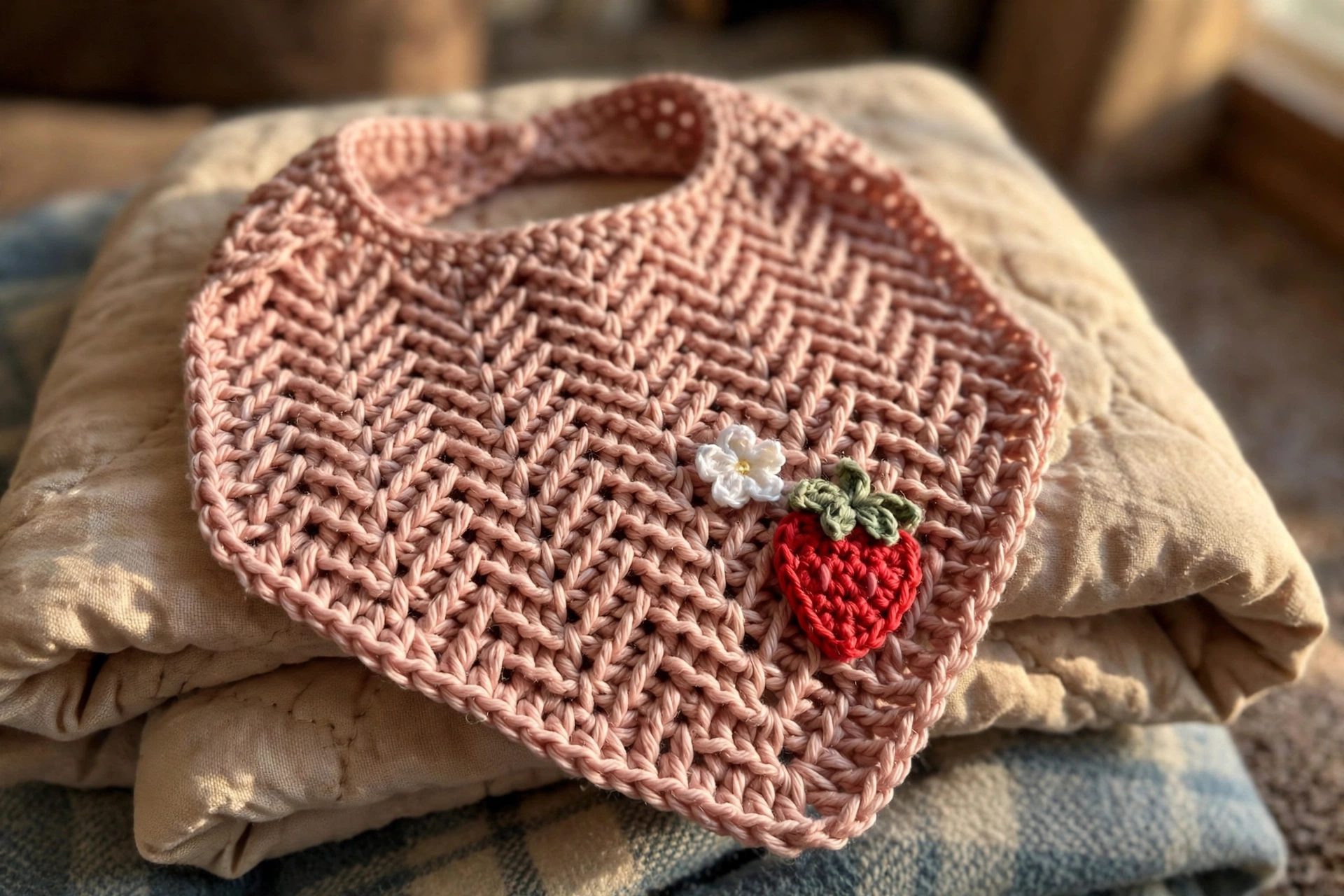 Close-up of the herringbone texture and strawberry applique with white blossom