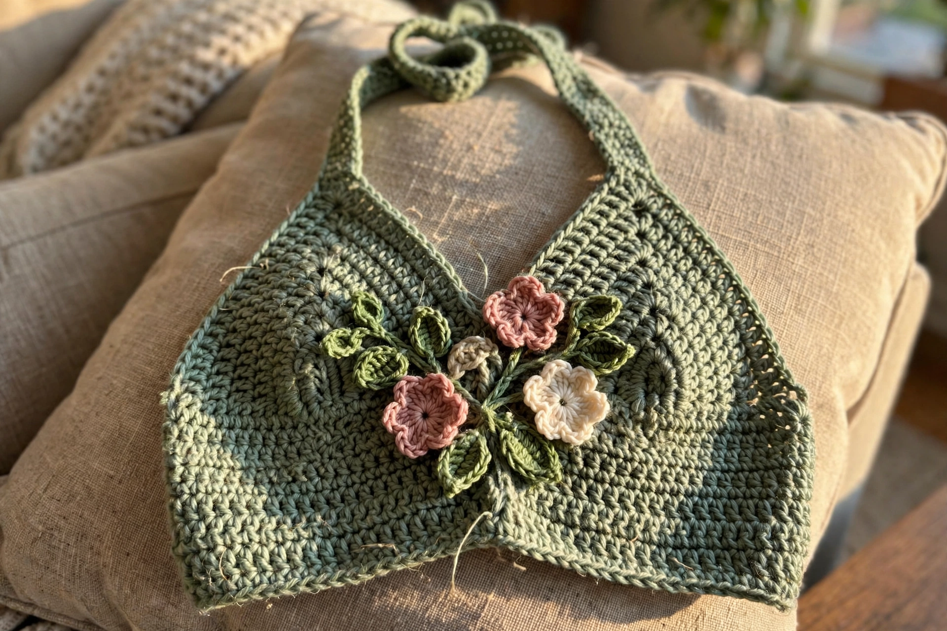 Close-up of the crochet flower and leaf appliques