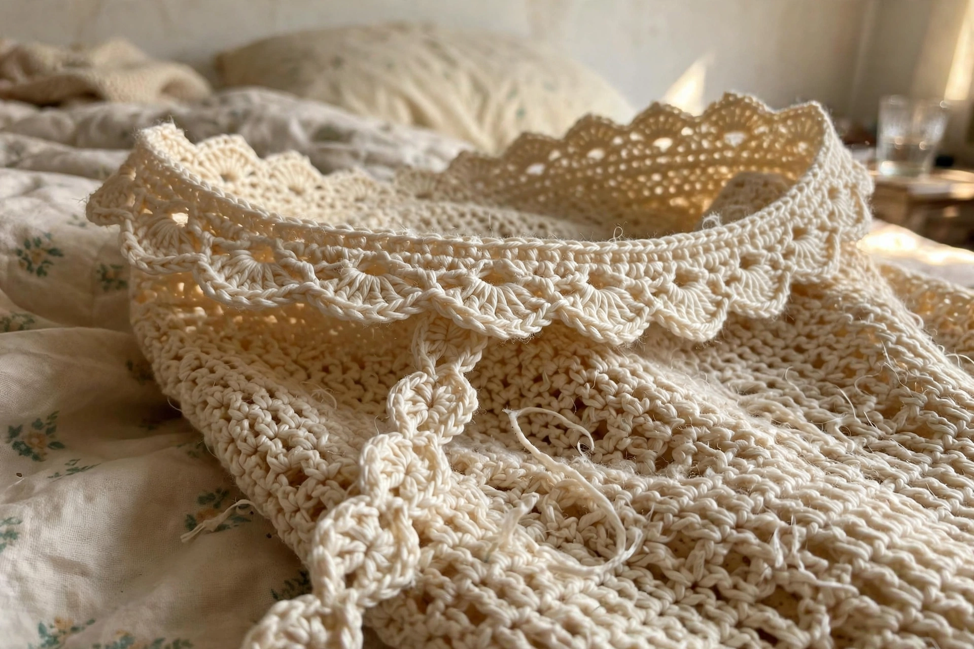 Close-up of the scalloped shell-stitch neckline