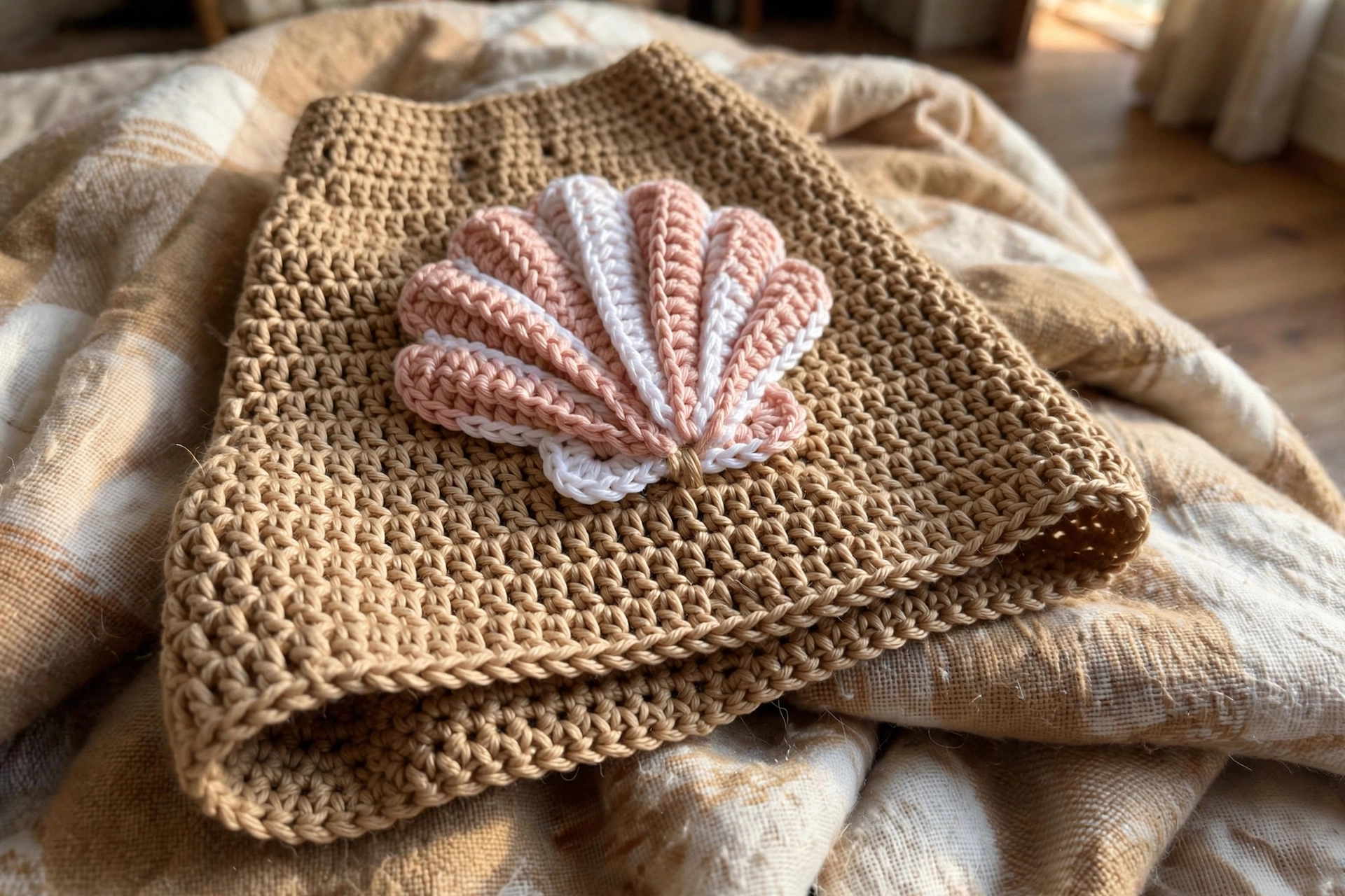 Close-up of a crocheted seashell applique on the shorts