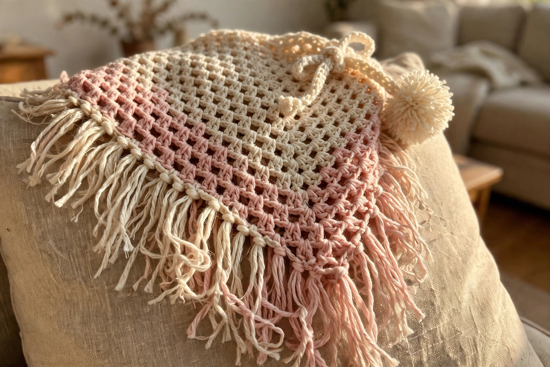 Close-up of the granny mesh texture, fringe and pom pom tie