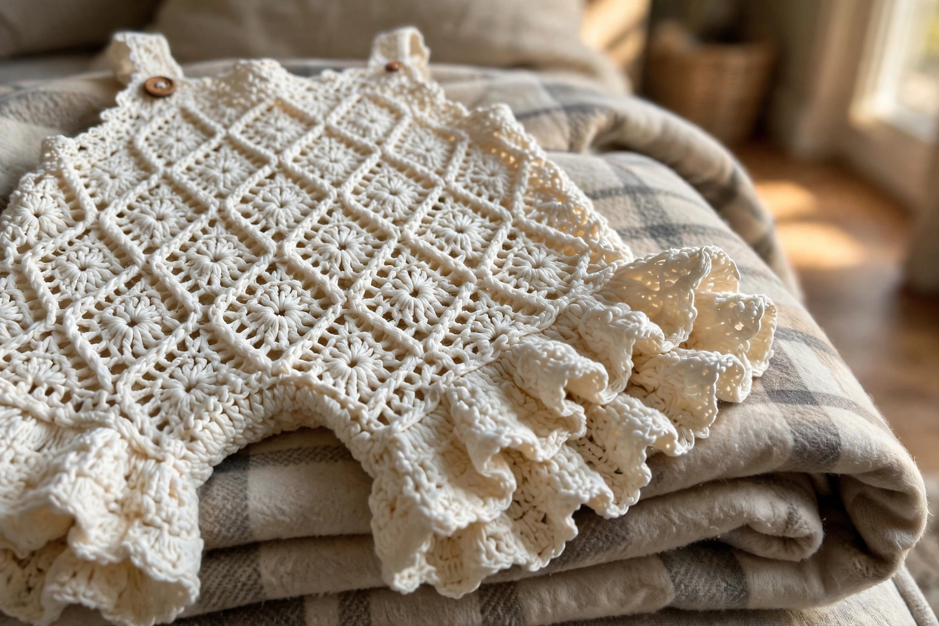 Close-up of the lace diamond shell bodice and tiered ruffles of the Heirloom Rosie romper