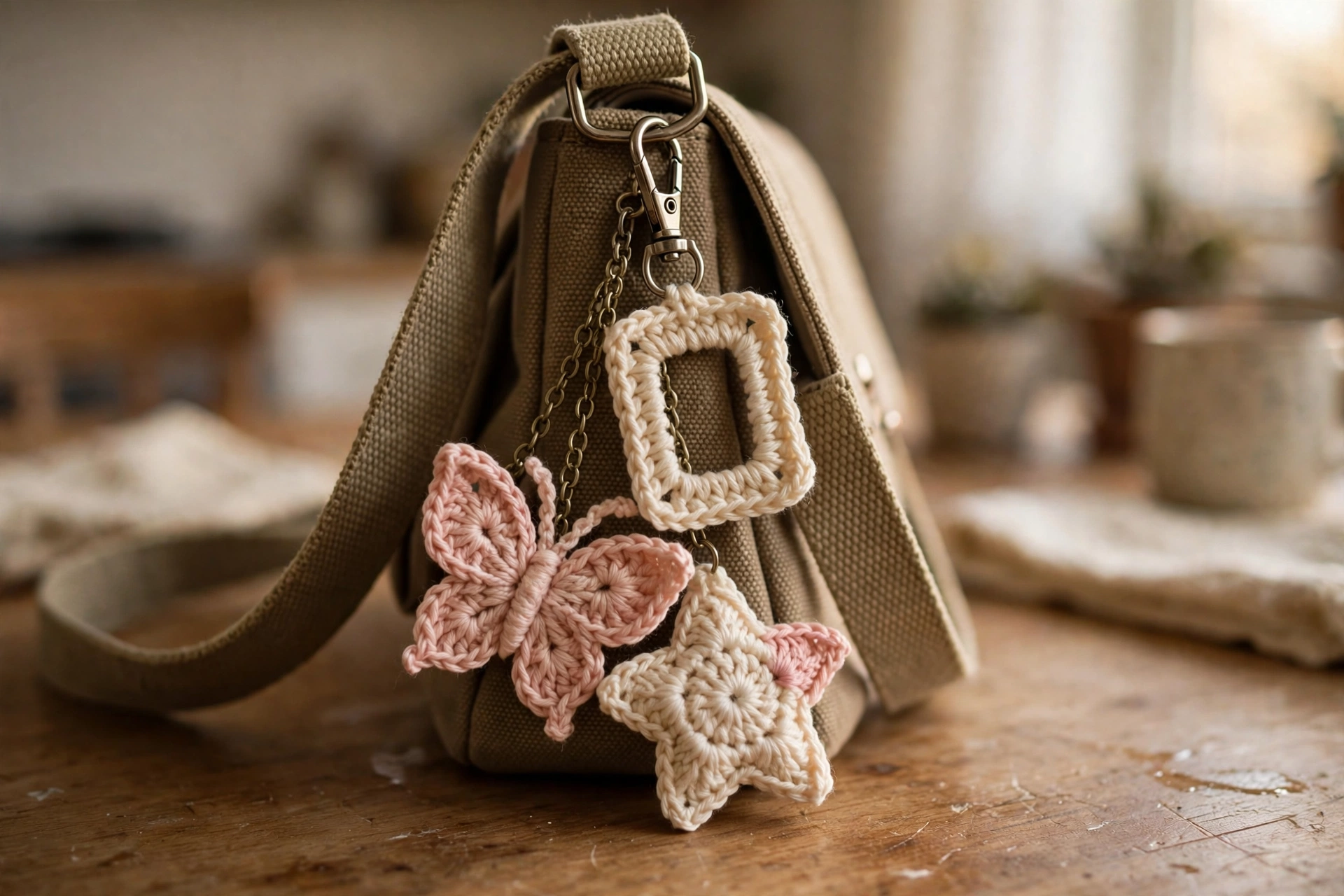 Close-up of the crochet photo frame, butterfly and star charms