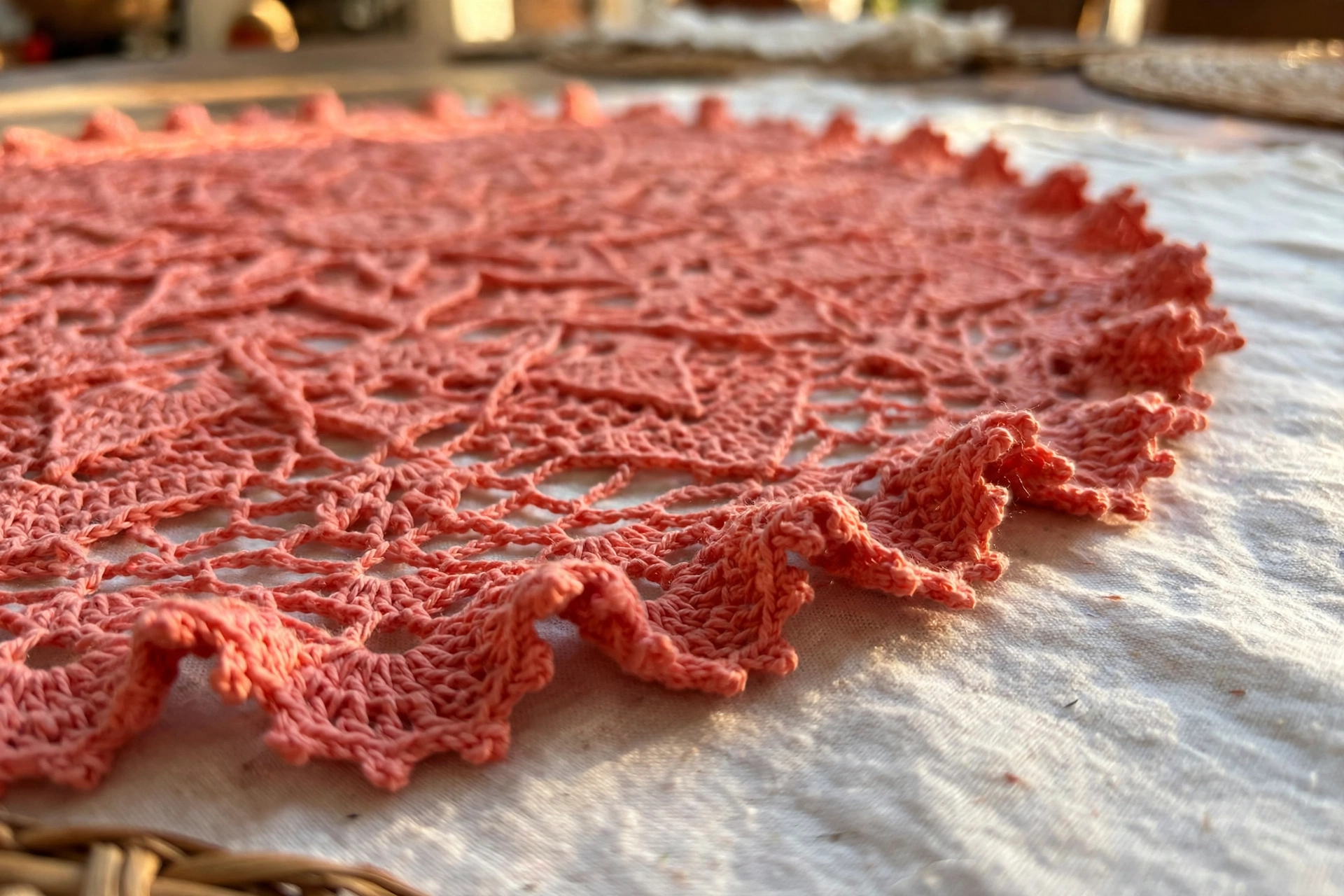 Close-up of the scalloped border and openwork lace of the mandala doily