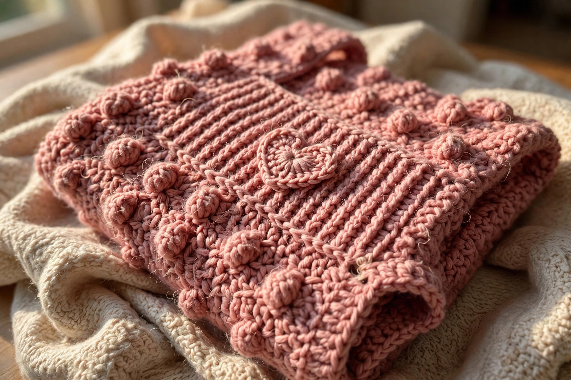 Close-up of the bobble stitches and heart applique
