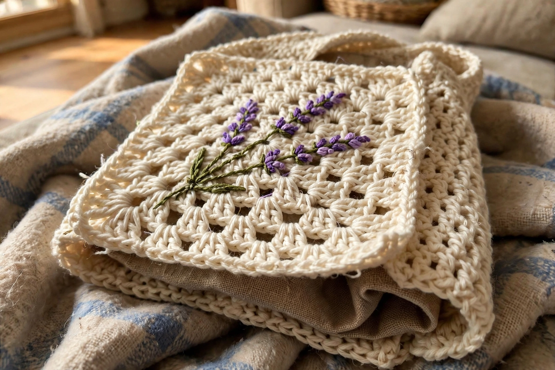 Close-up of an embroidered lavender sprig on a granny square