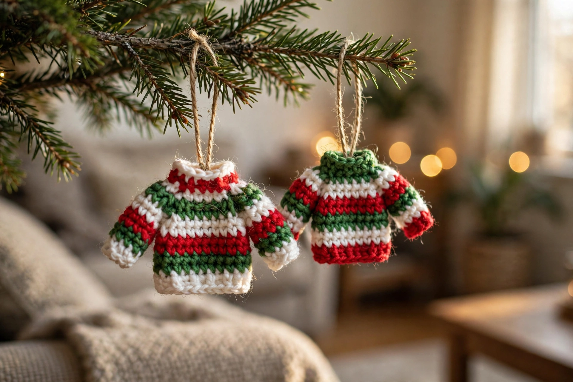 Close-up of two striped mini sweater ornaments hanging on a Christmas tree