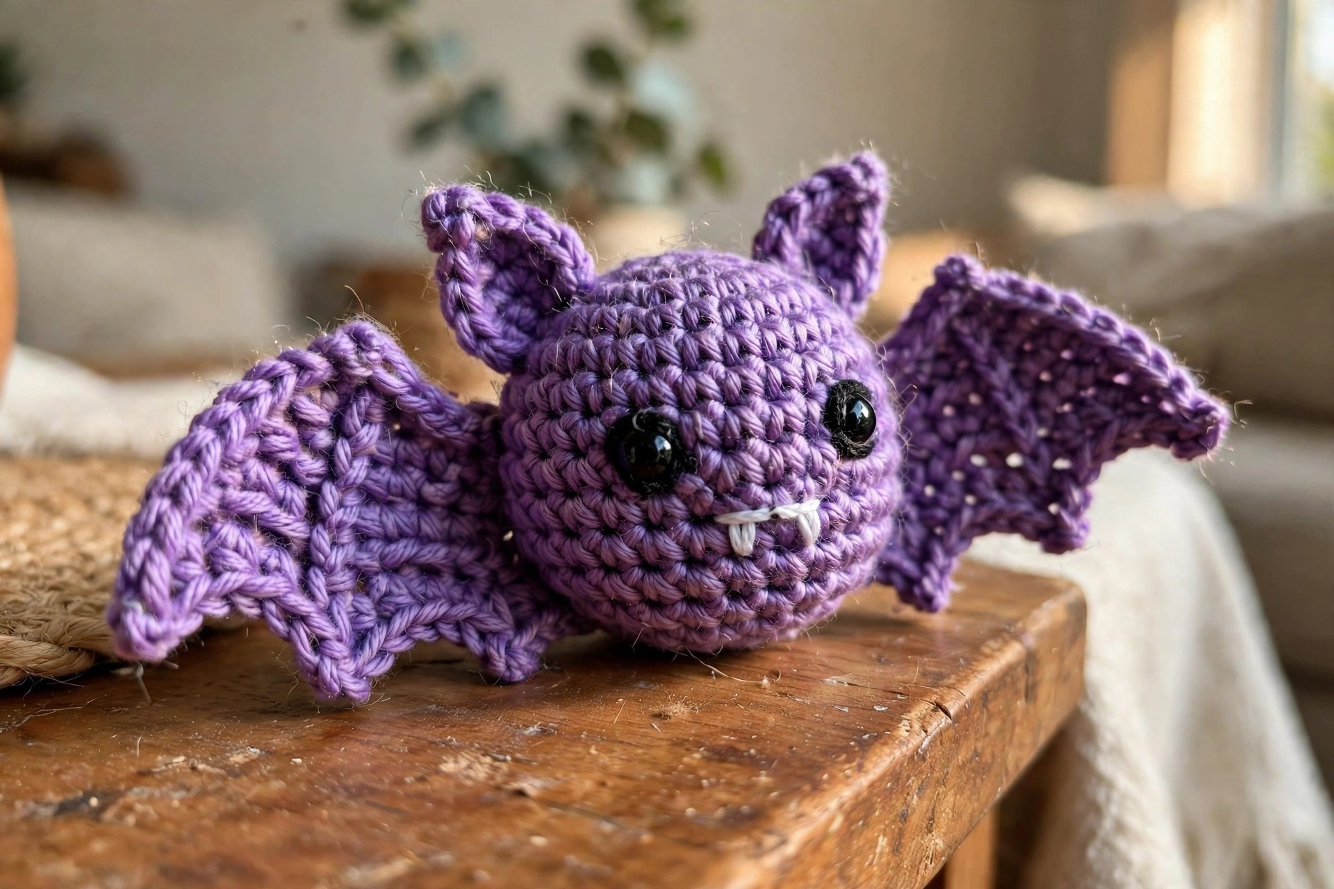 Close-up of the scalloped wings and embroidered face on the purple amigurumi bat