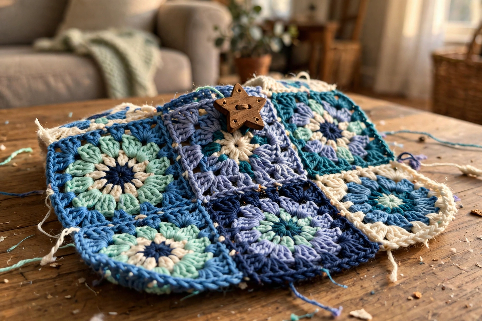 Close-up of the ocean blue sunflower granny squares and star button