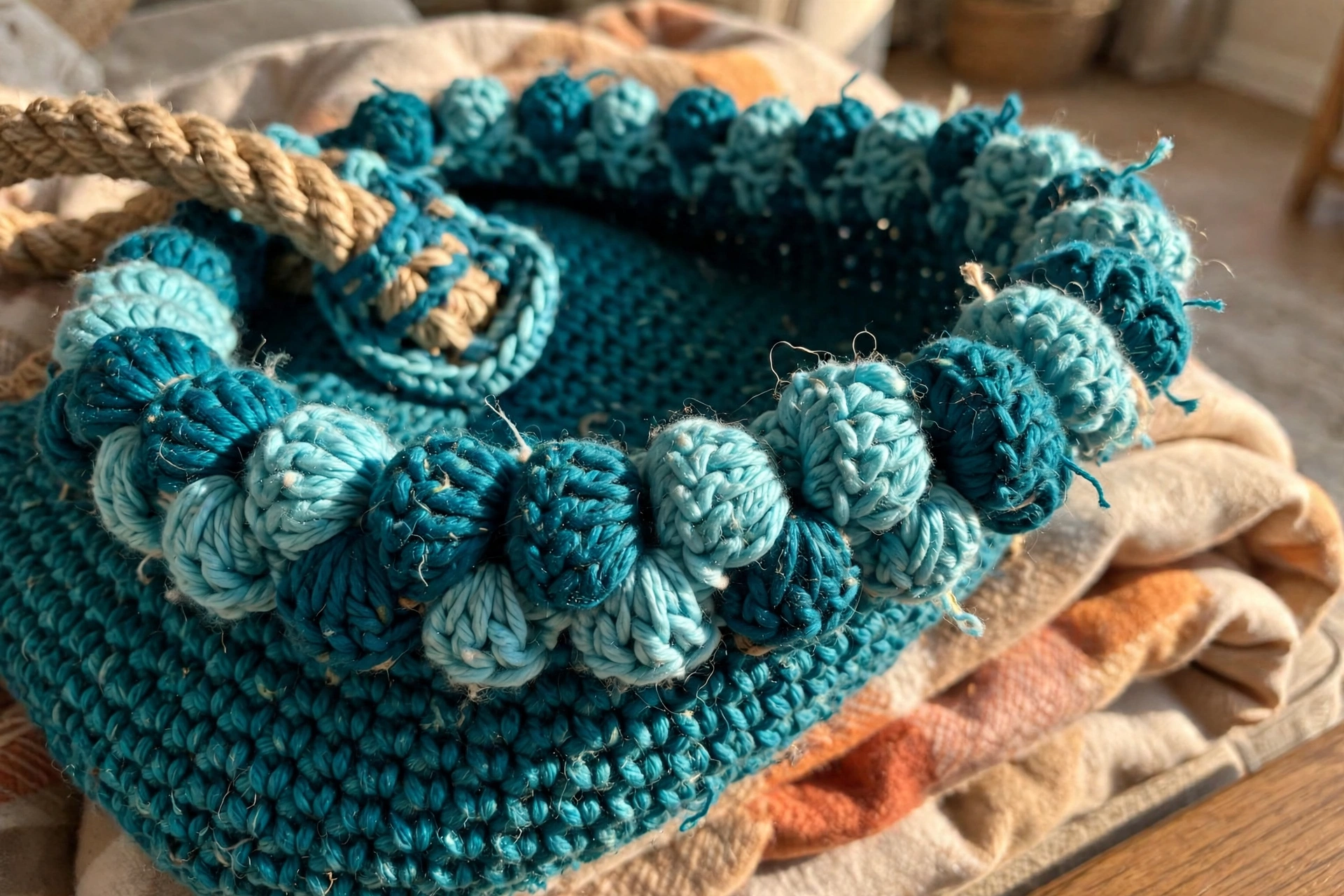 Close-up of the puff stitch border and braided handle