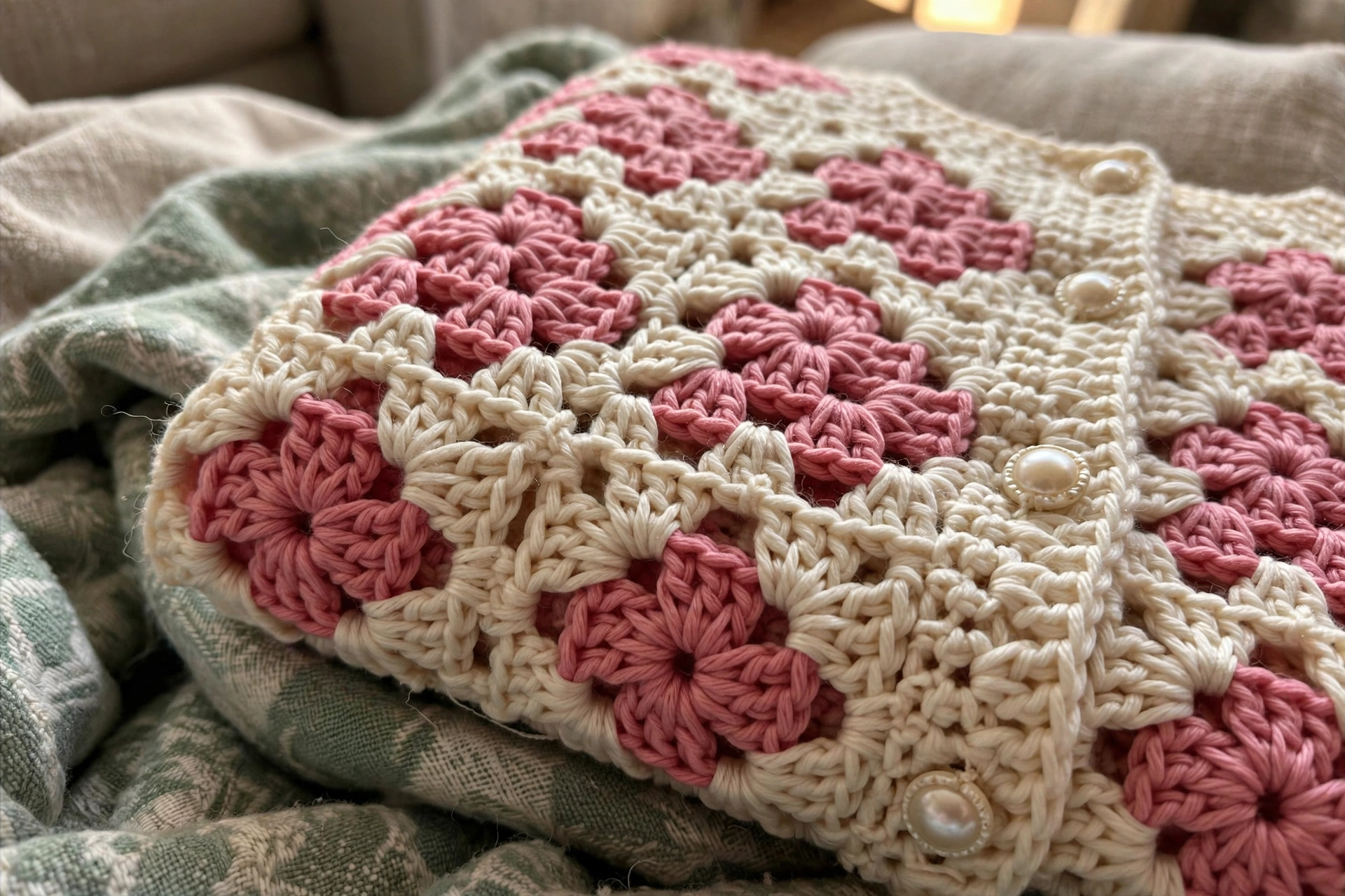 Close-up of the checkerboard pink rose and cream granny squares and pearl buttons