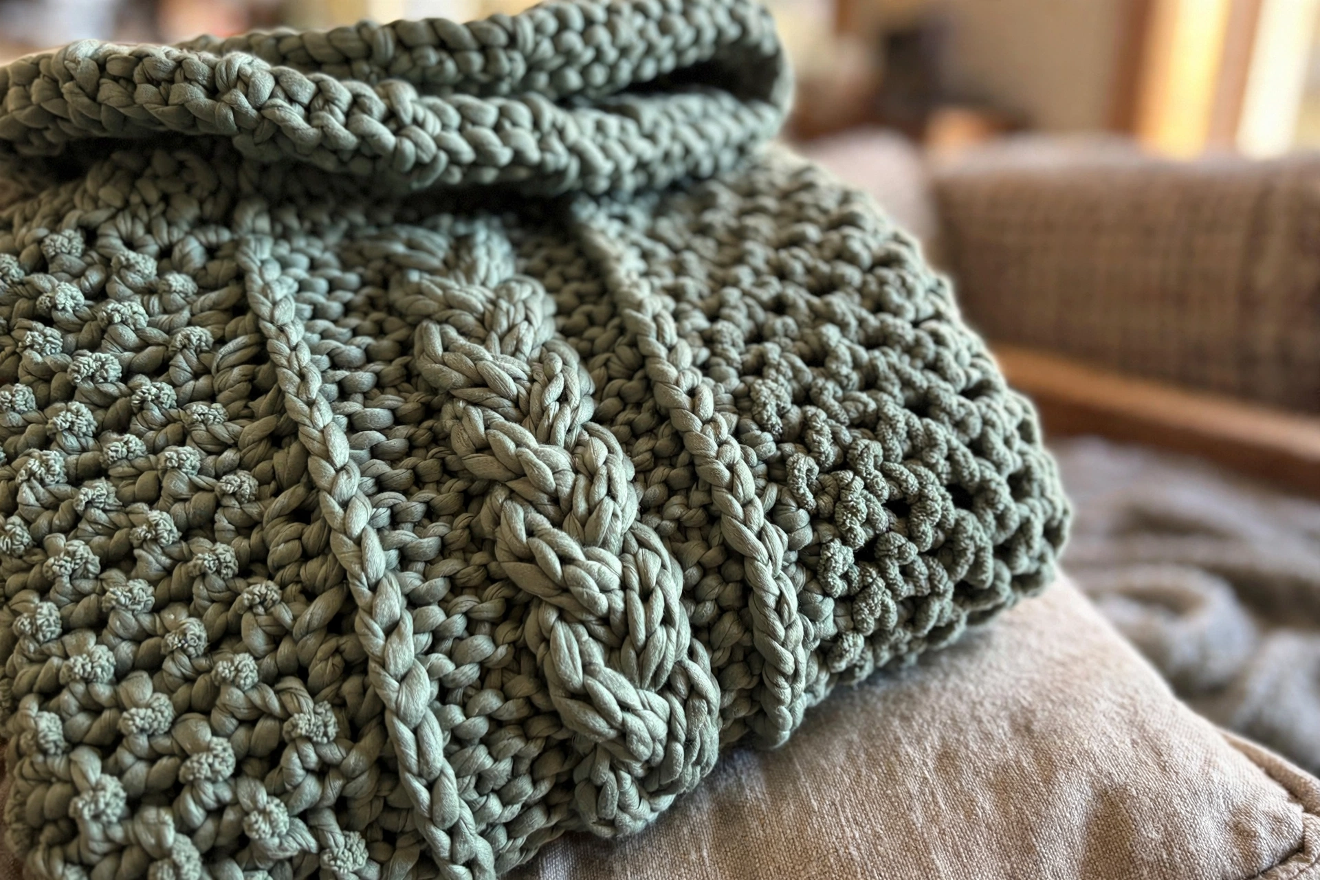 Close-up of the braided post-stitch cable column and moss-stitch fabric of the sage green chunky turtleneck
