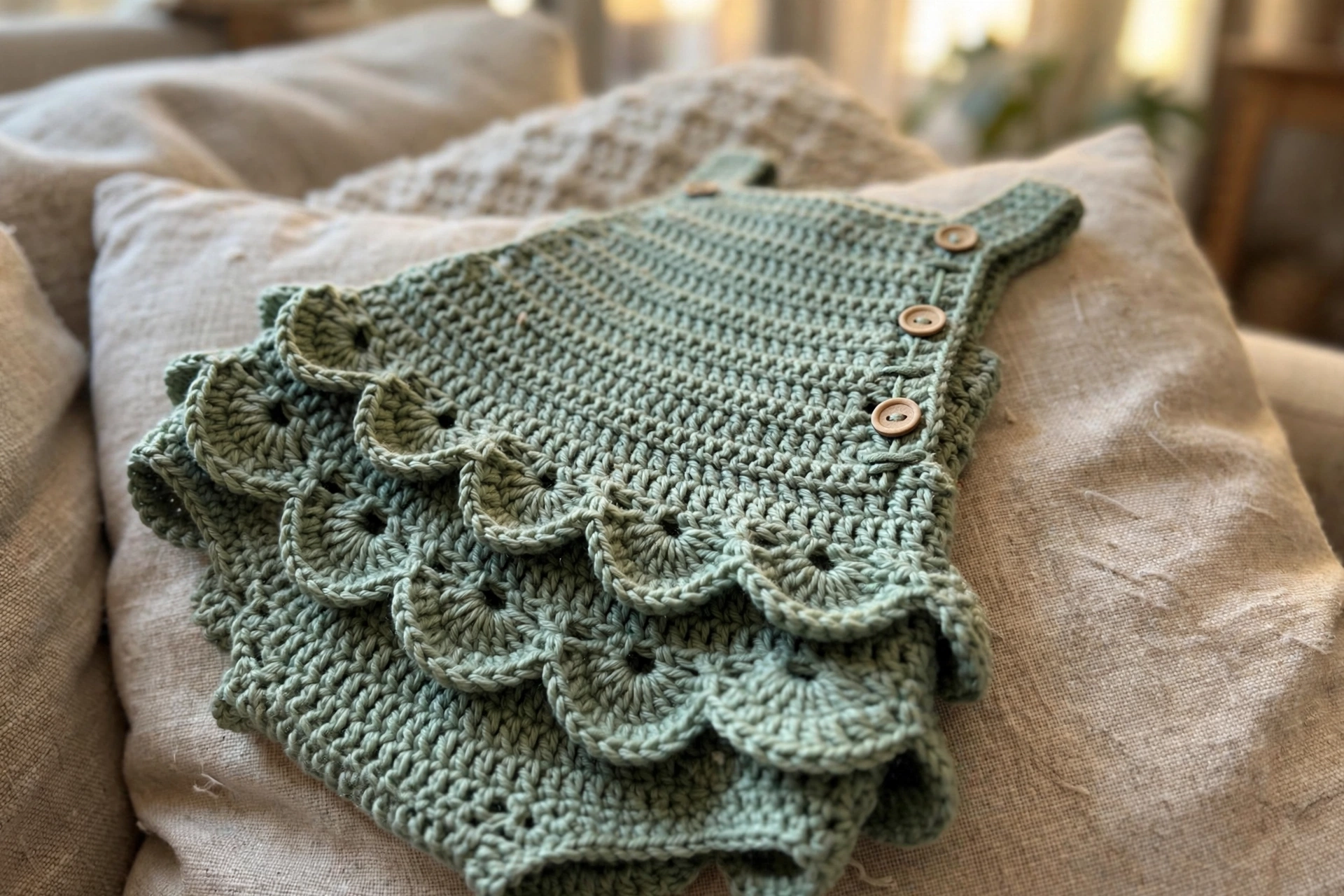 Close-up of the scallop shell ruffle tiers and wooden buttons