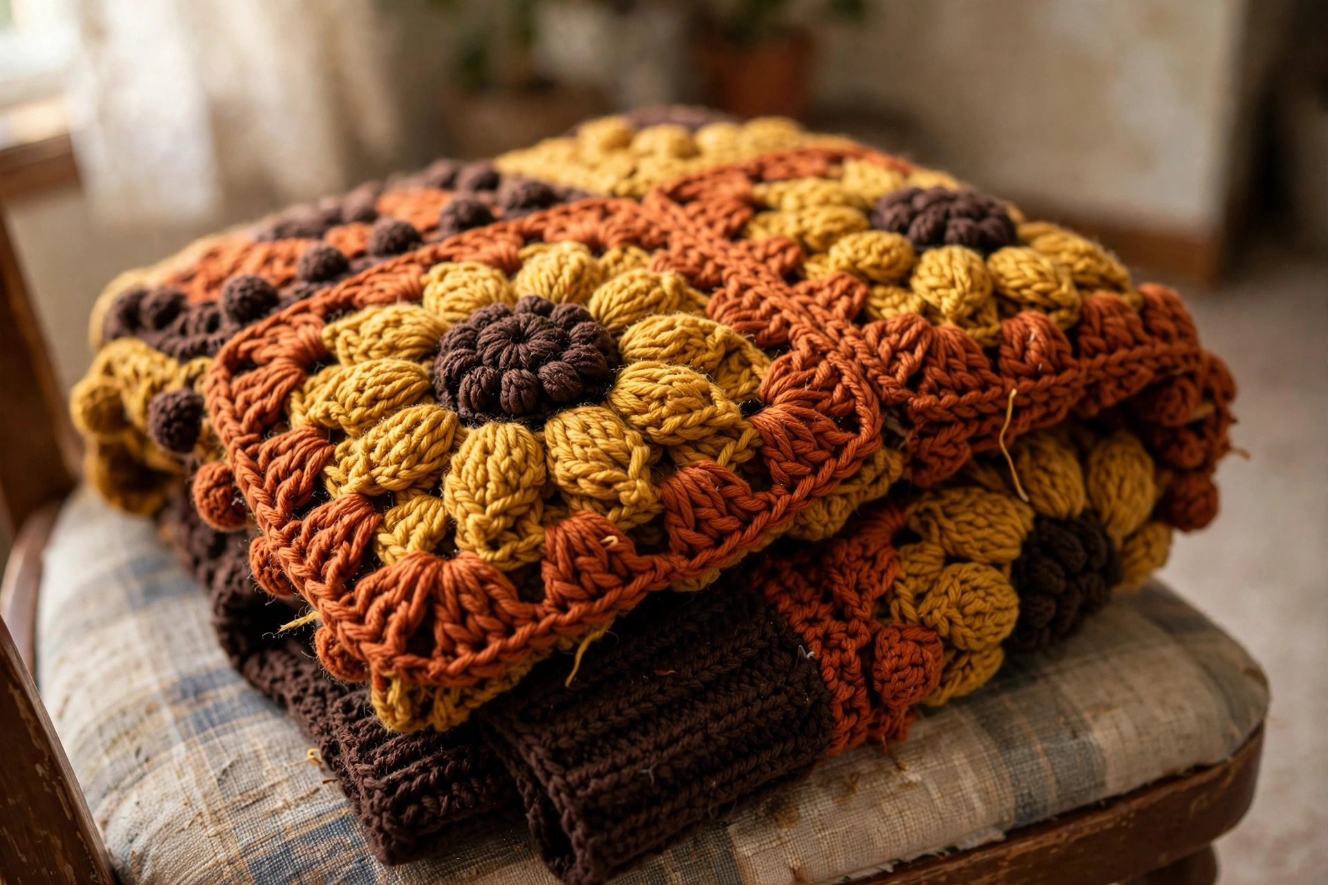 Close-up of the raised sunflower petals and bobble texture of the sunflower granny square cardigan