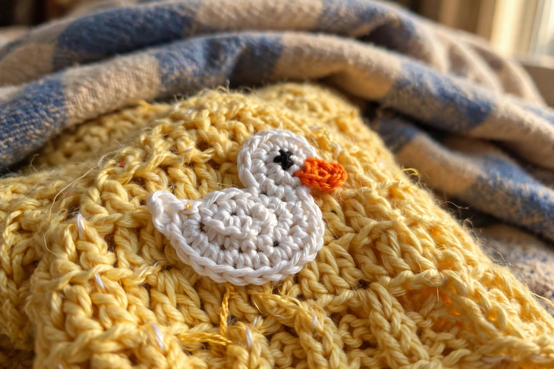 Close-up of the duck applique on the cardigan