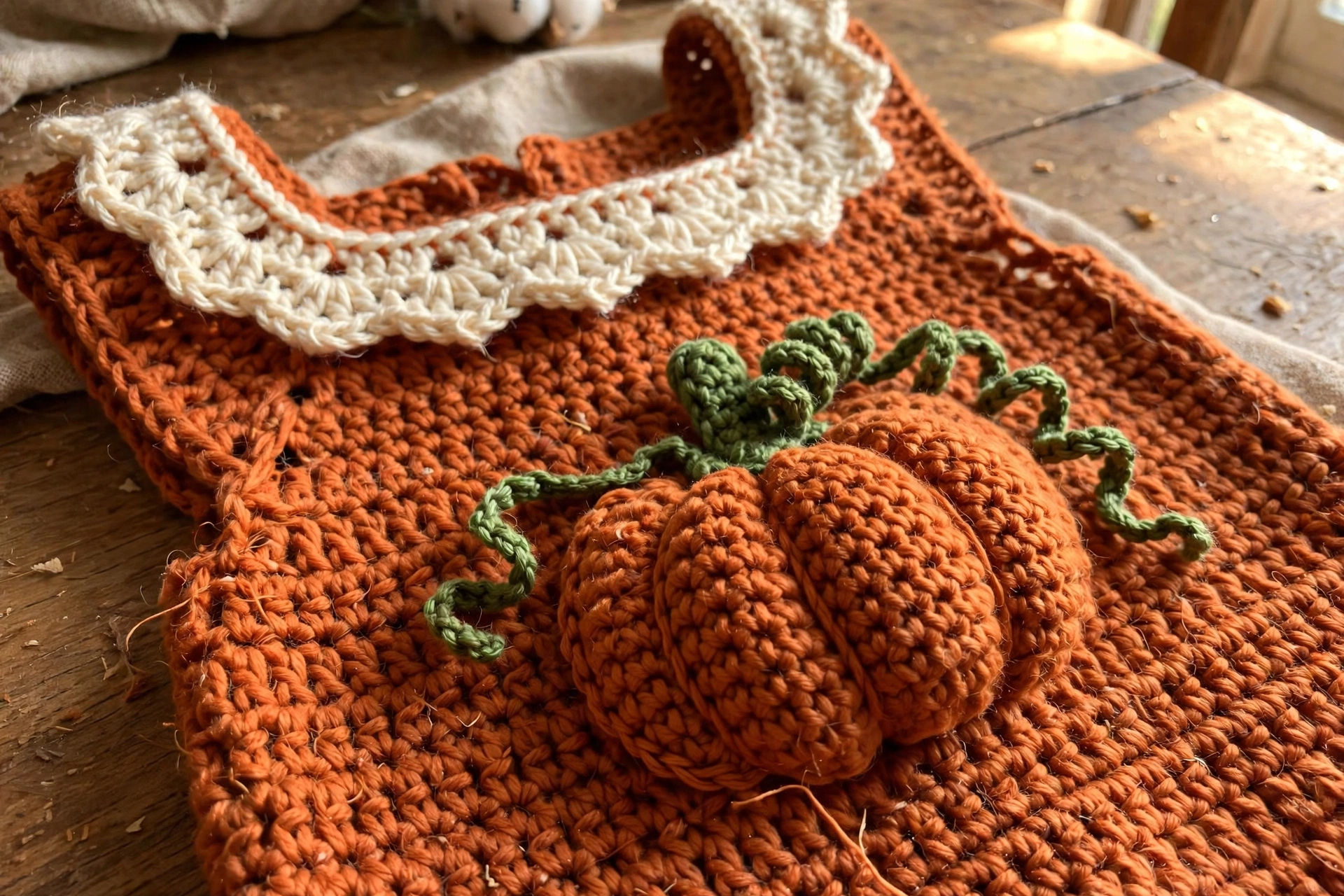 Close-up of the pumpkin applique and shell bib border on the autumn baby romper