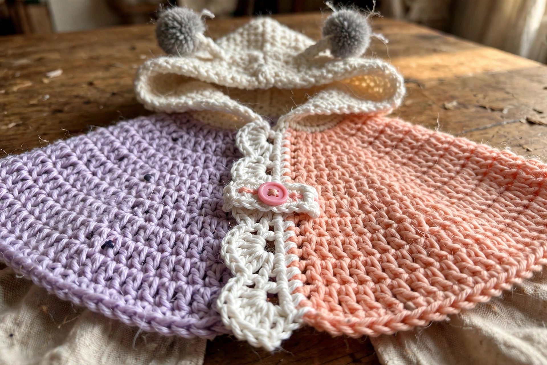 Close-up of the scalloped wing edge and button band on the baby fairy poncho