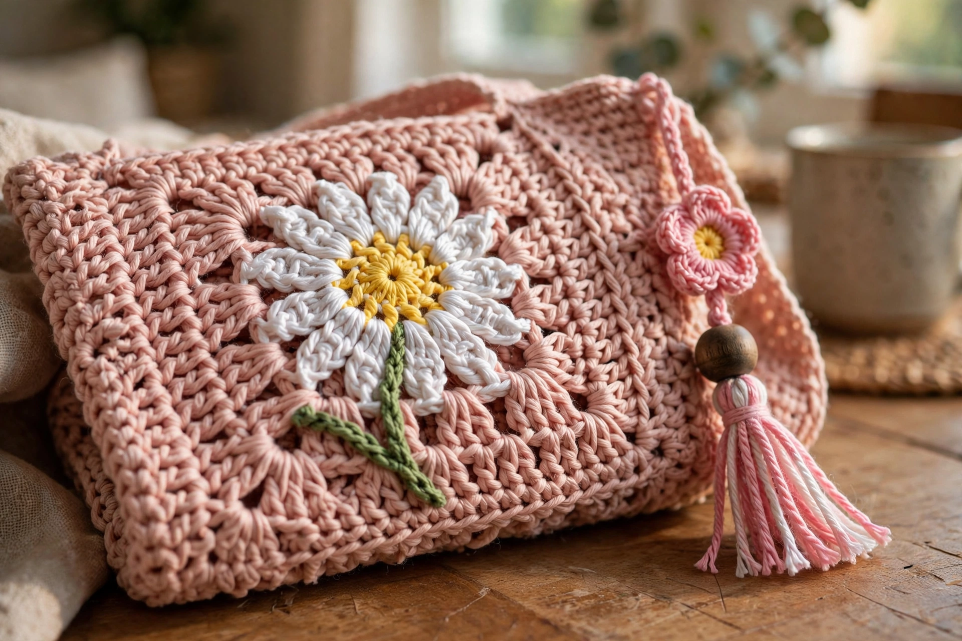 Close-up of the daisy motif on the blush pink crochet tote