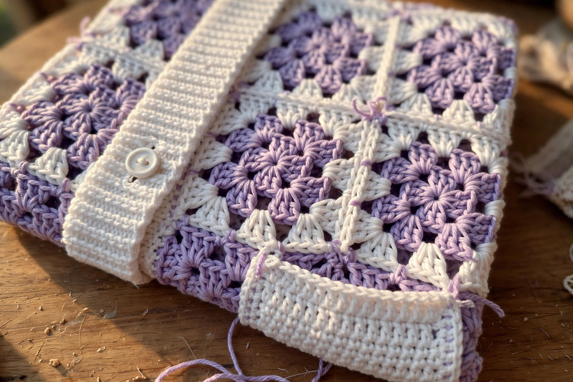 Close-up of the granny square motifs and button band on the lavender baby cardigan