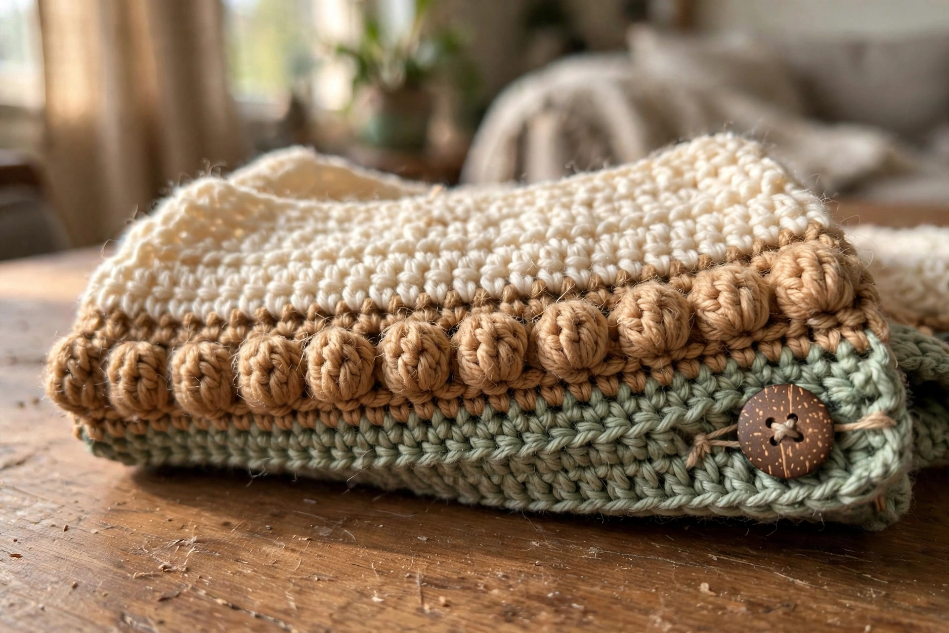 Close-up of the bobble stitch texture on the neutral boho baby romper