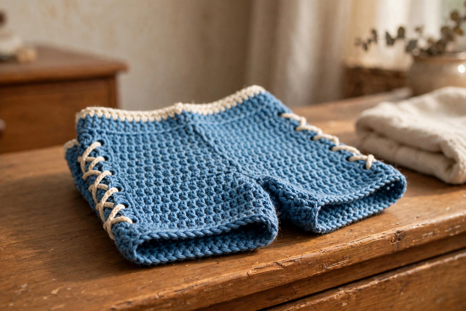 Close-up of the lace-up cord detail on the ocean blue crochet shorts