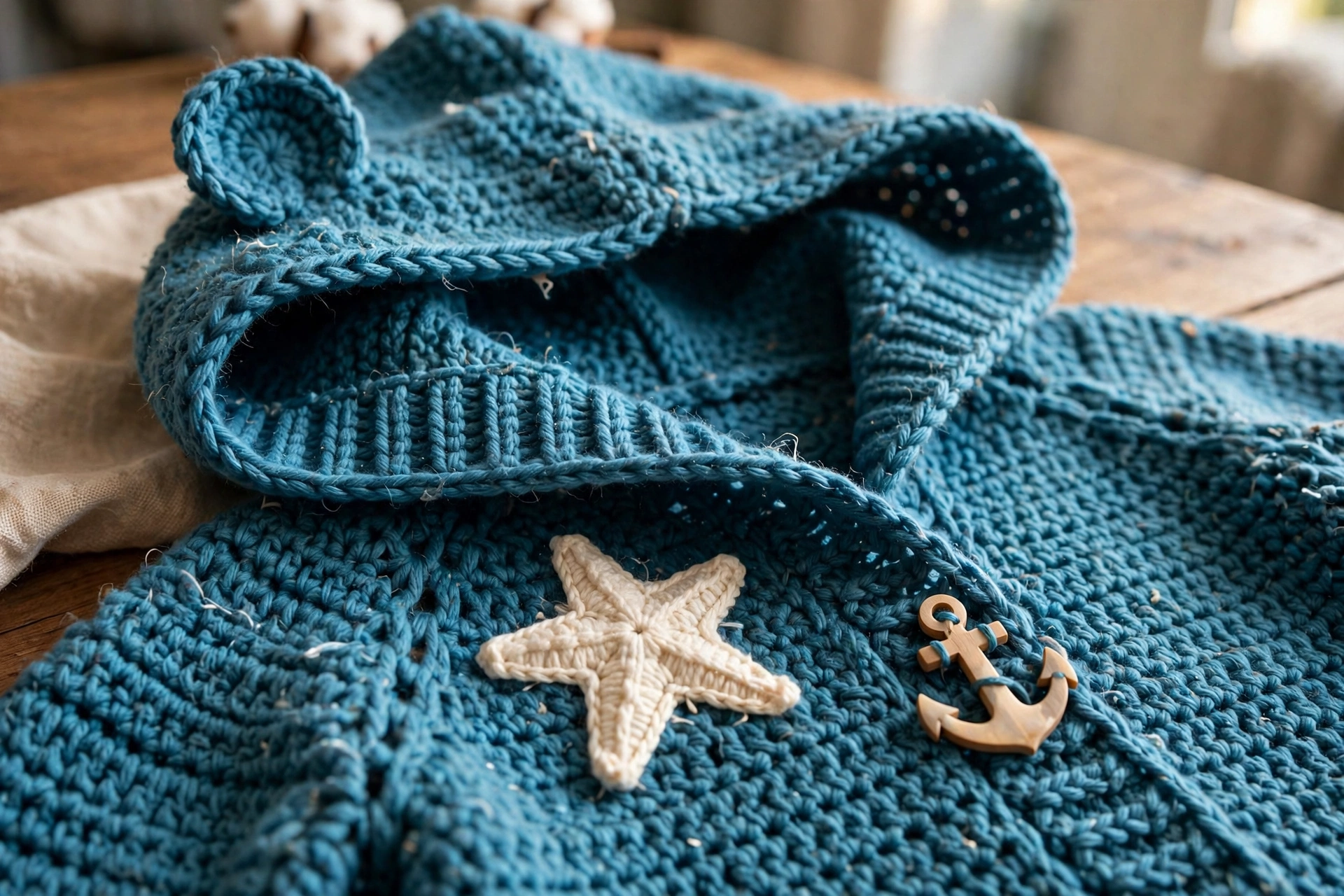 Close-up of the bear ear hood, anchor button, and starfish applique on the ocean blue toddler sweater