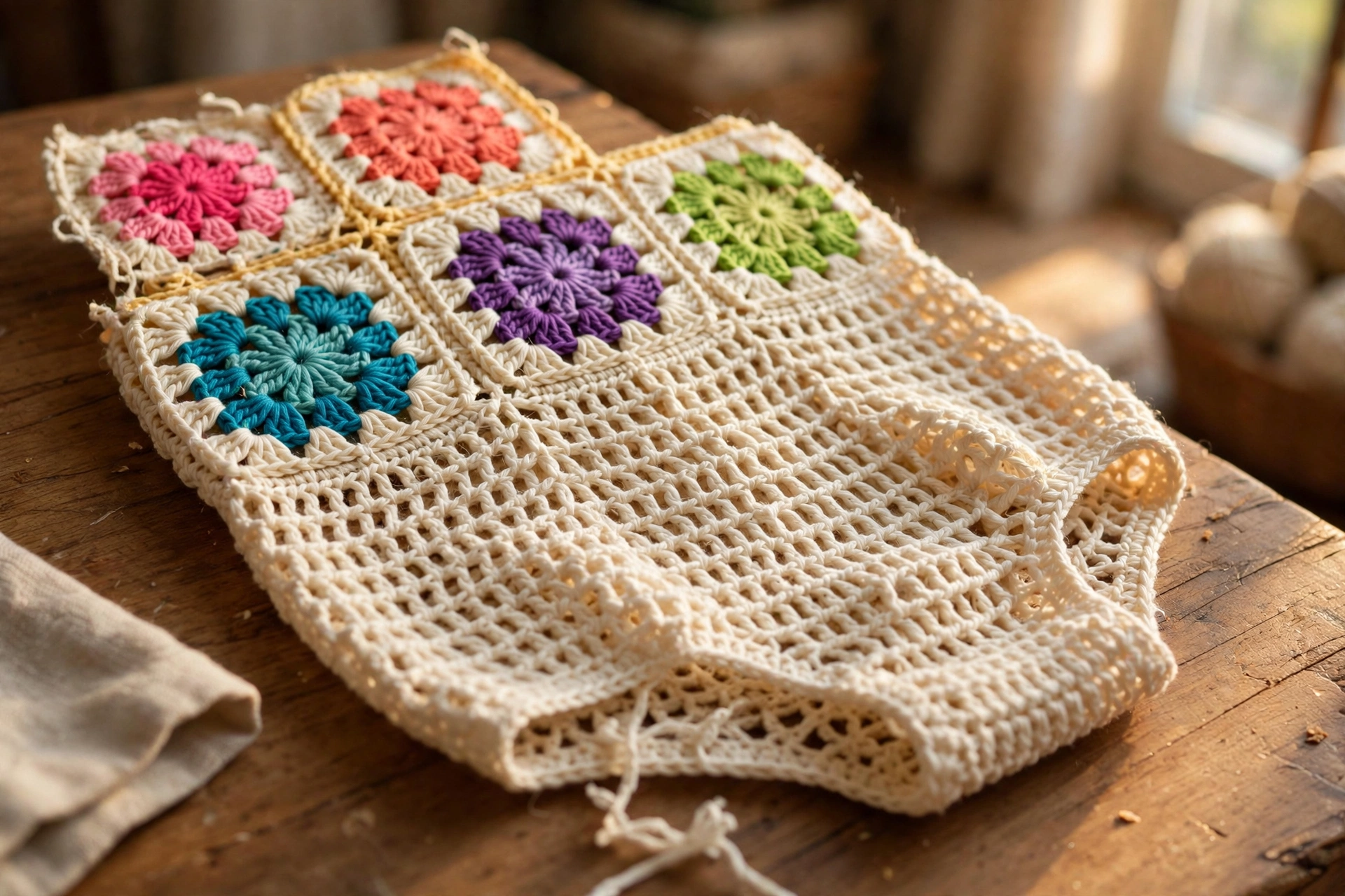 Close-up of the rainbow flower granny squares transitioning into the cream mesh body