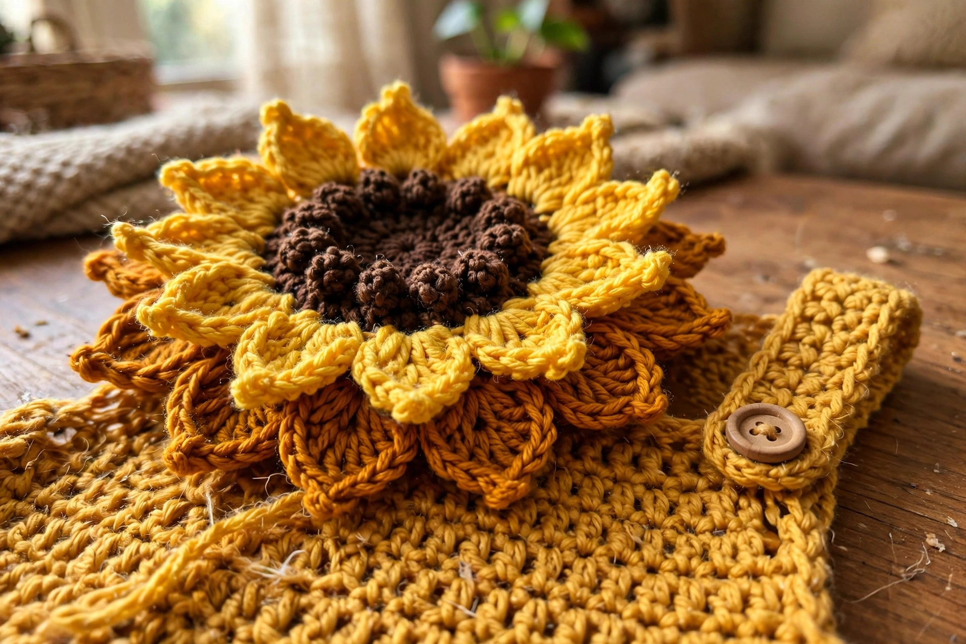 Close-up of the sunflower collar on the mustard yellow crochet baby romper