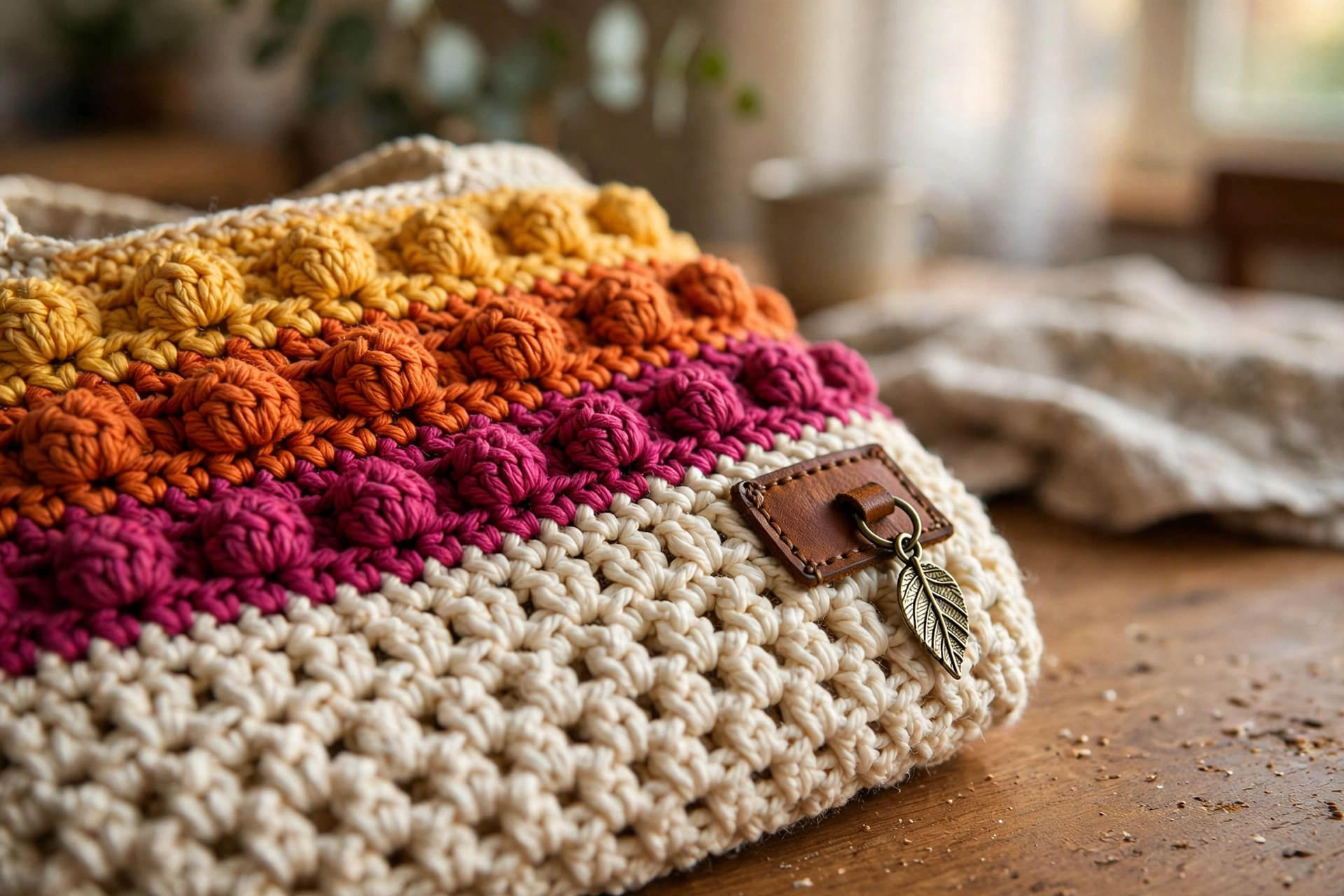 Close-up of the sunset bobble stripes and granny stitch body on the tote