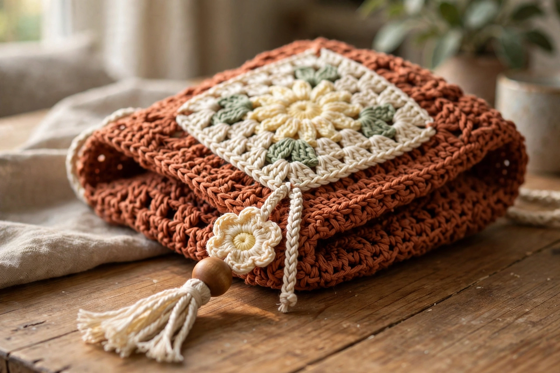 Close-up of the daisy square and flower charm on the terracotta boho bag