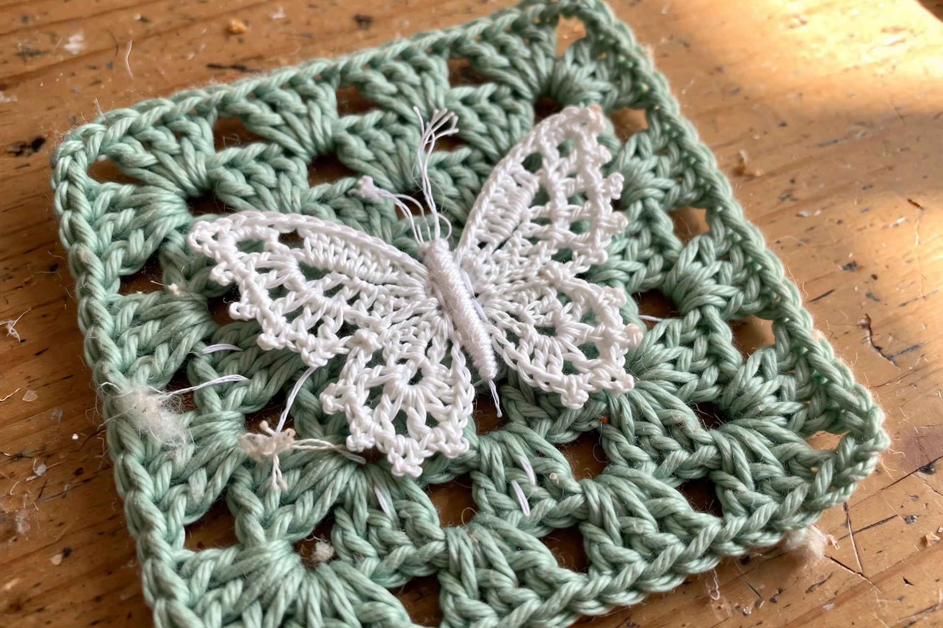 Close-up of a white crocheted butterfly applique on mint green granny square fabric