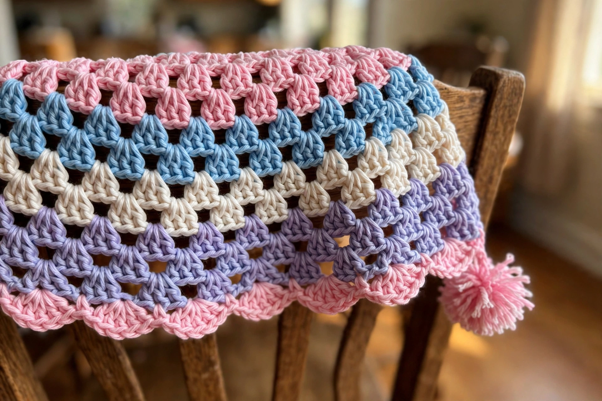 Close-up of pastel shell stitch crochet stripes and pink scalloped hem with pom-pom
