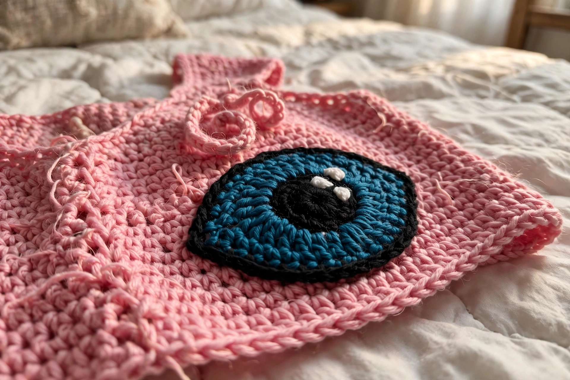Close-up of a teal crocheted eye applique with black outline on pink fabric