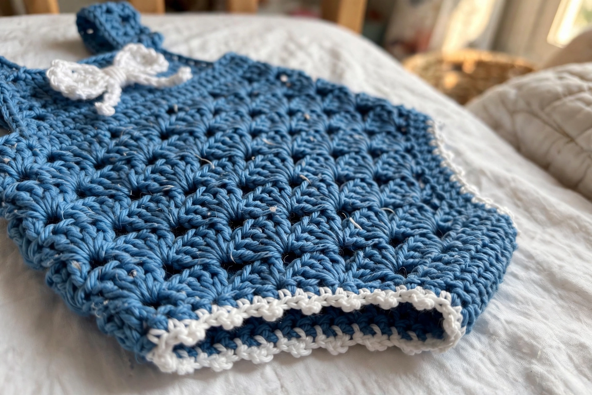 Close-up of ocean blue shell stitch crochet with a white bow and white picot scallop edge