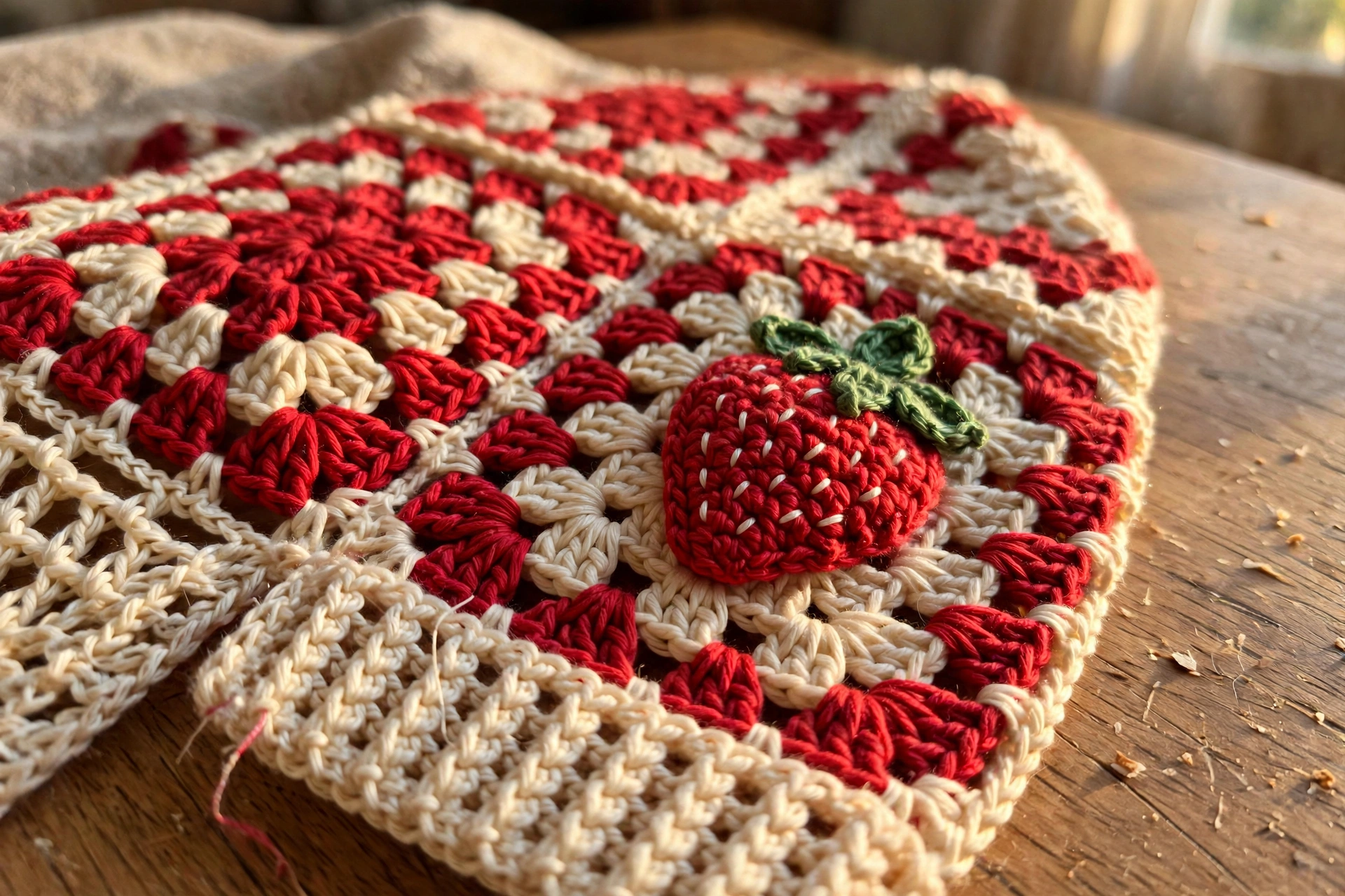 Close-up of a strawberry granny square with a 3D crocheted strawberry applique