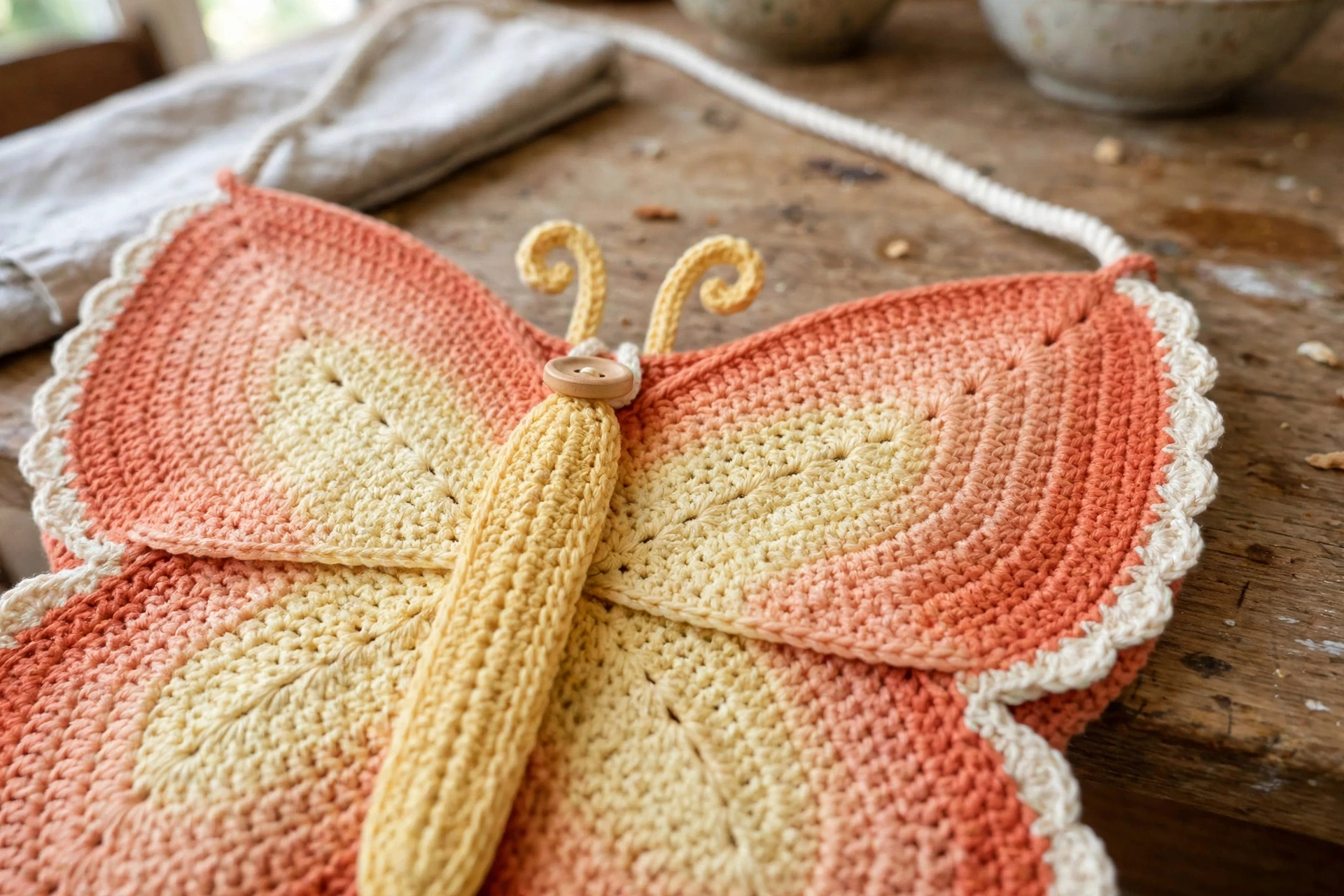 Close-up of the Sunset Orange Butterfly Bag button closure, antennae, and ombre wing detail