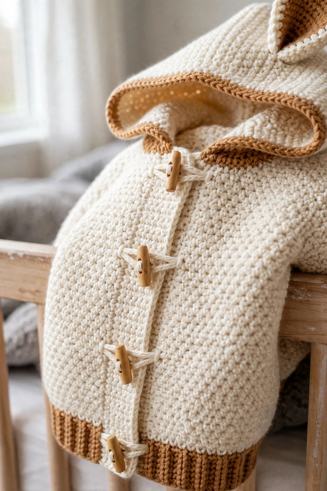 Close-up of the Cream and Caramel Bunny Hoodie toggle buttons, moss stitch texture, and caramel ribbed band