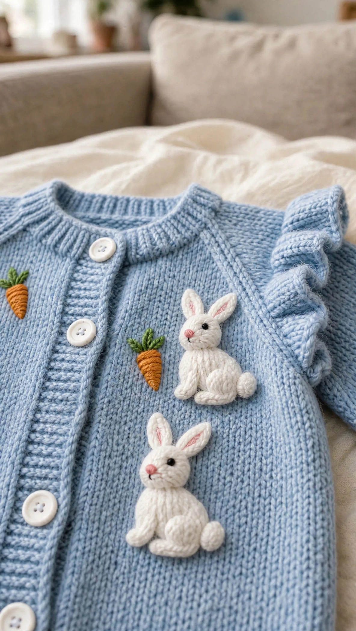 Close-up of the Powder Blue Bunny Baby Romper bunny appliques, carrot embroidery, and button placket