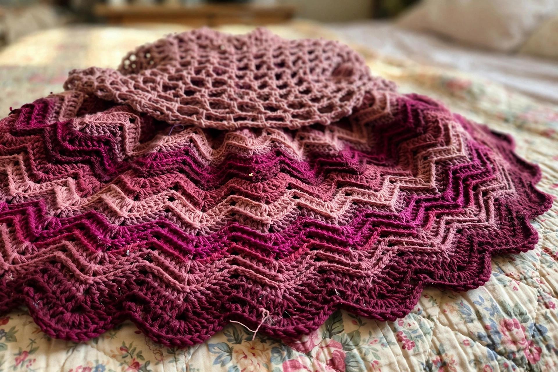 Close-up of the chevron hem and mesh panel of the Berry Pink Bell Sleeve Crochet Dress