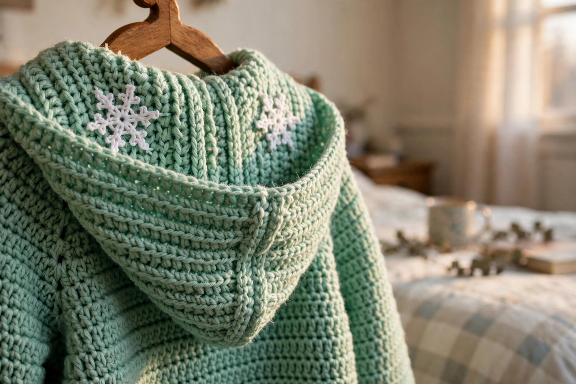 Close-up of the ribbed hood with crochet snowflake appliques on the Mint Snowflake Hooded Coat