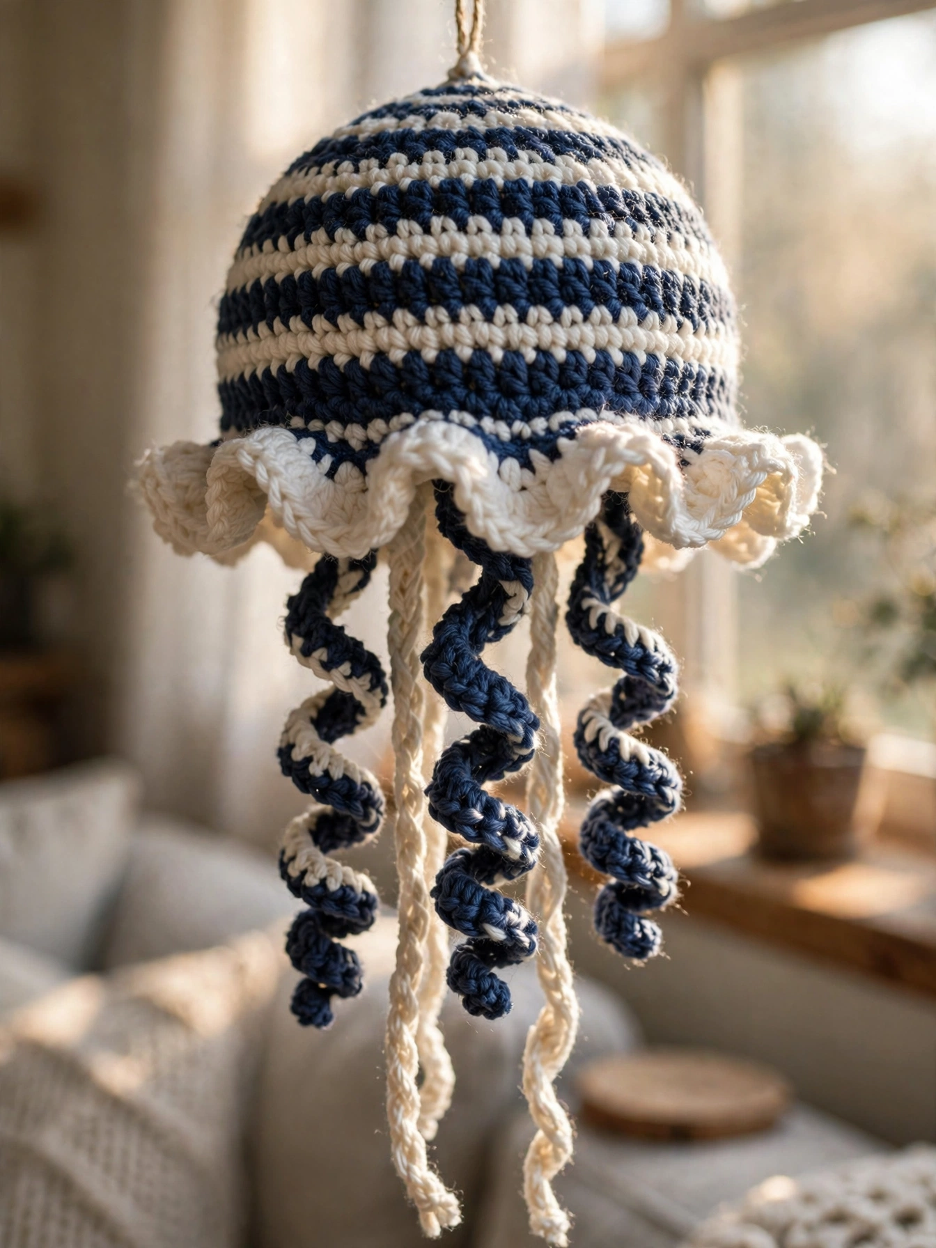 Close-up of the striped bell, frill, and curly tentacles of the Ocean Blue Jellyfish