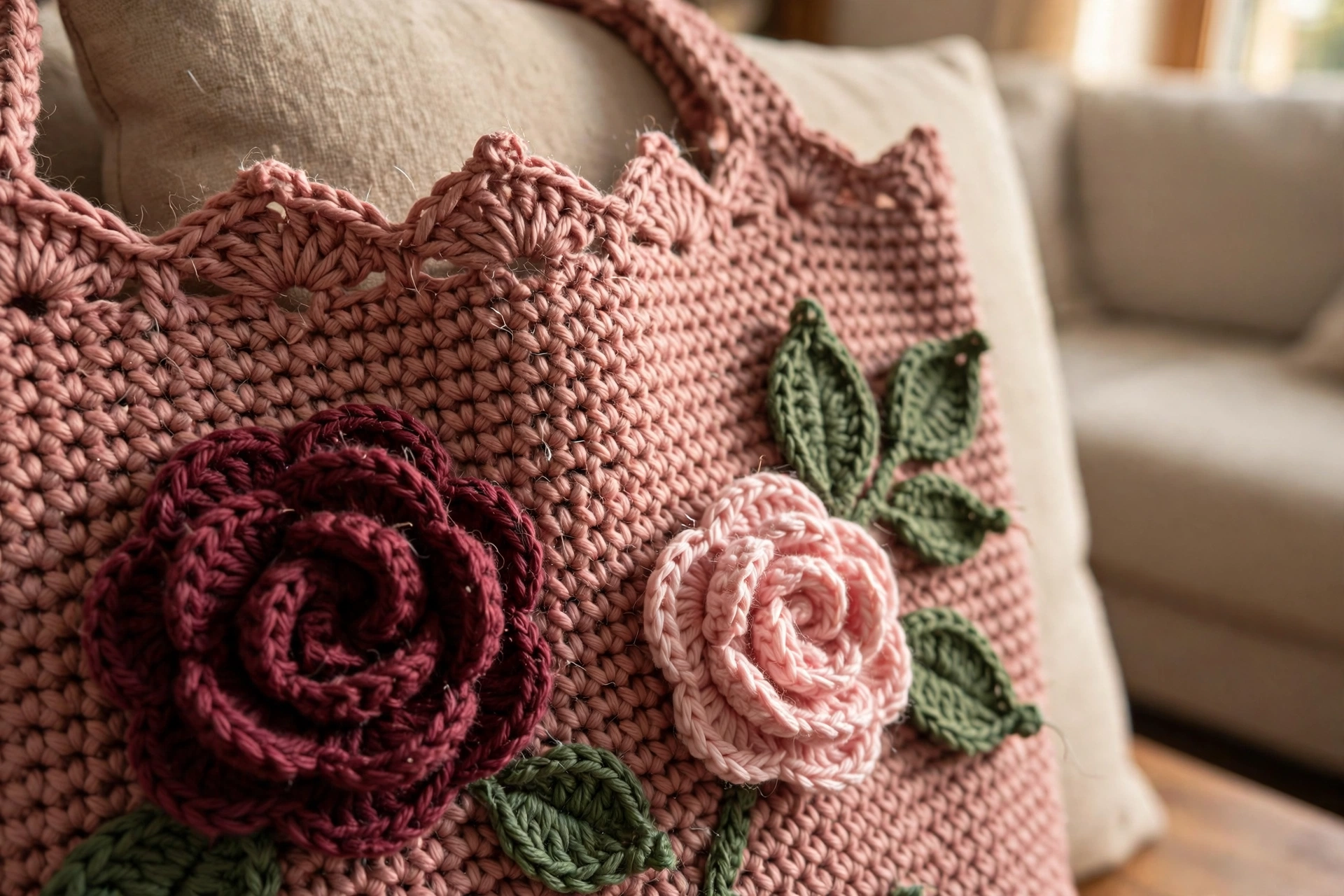 Close-up of crochet roses and leaves on the Rose Romance Tote Bag
