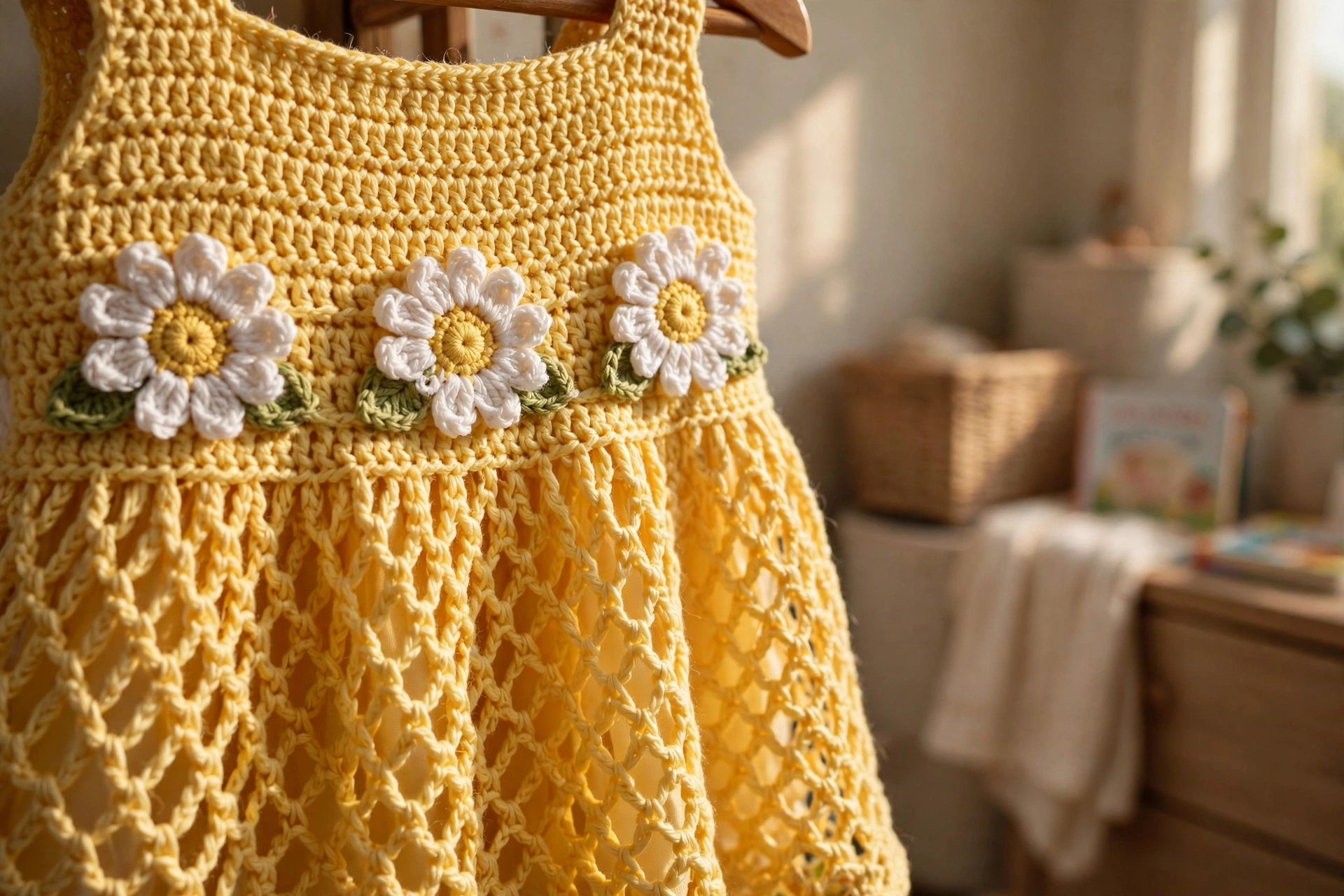 Close-up of daisy appliques at the waist of the Sunshine Yellow Lace Toddler Dress