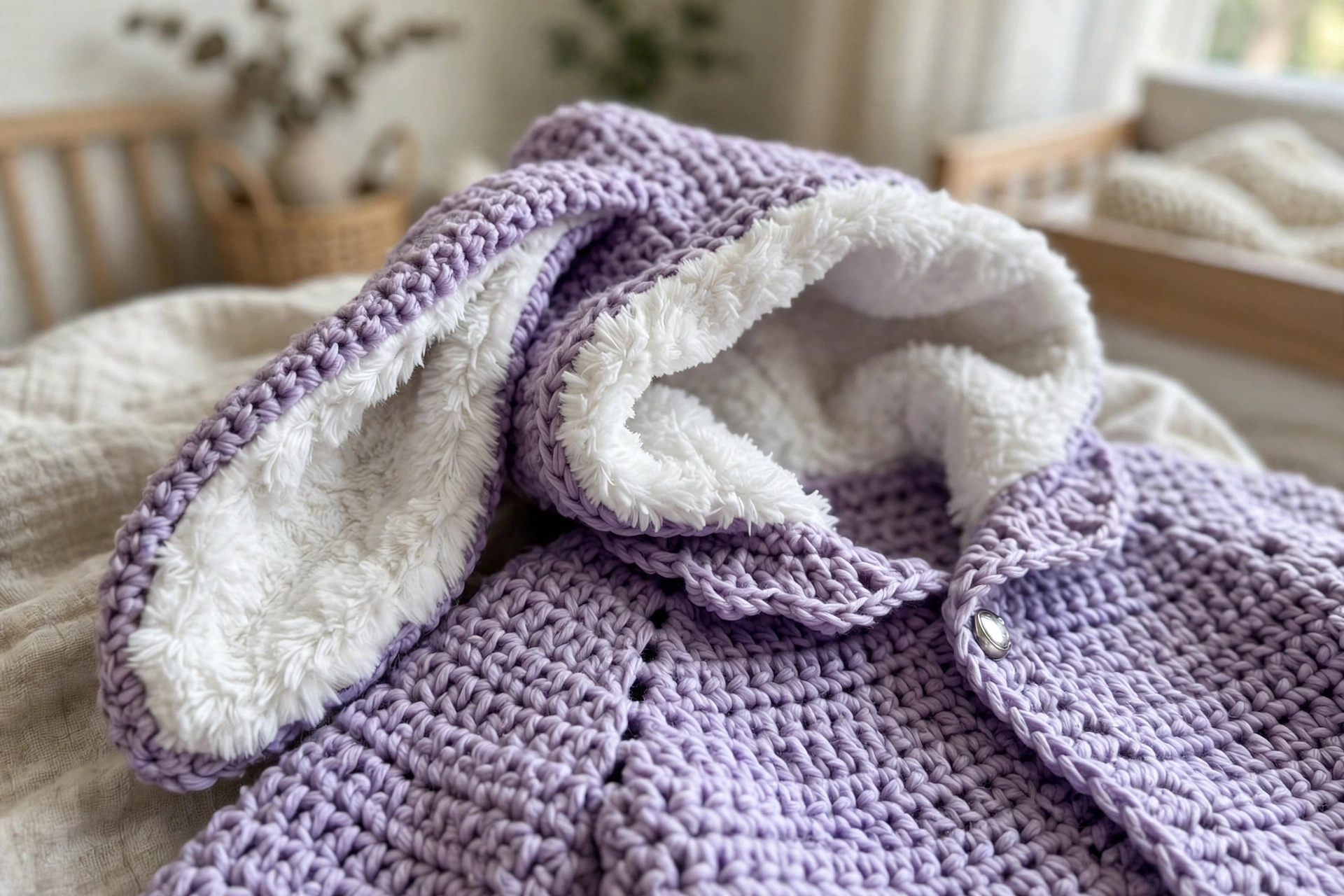 Close-up of the lavender bunny cardigan's floppy ear with white fluffy lining and silver button