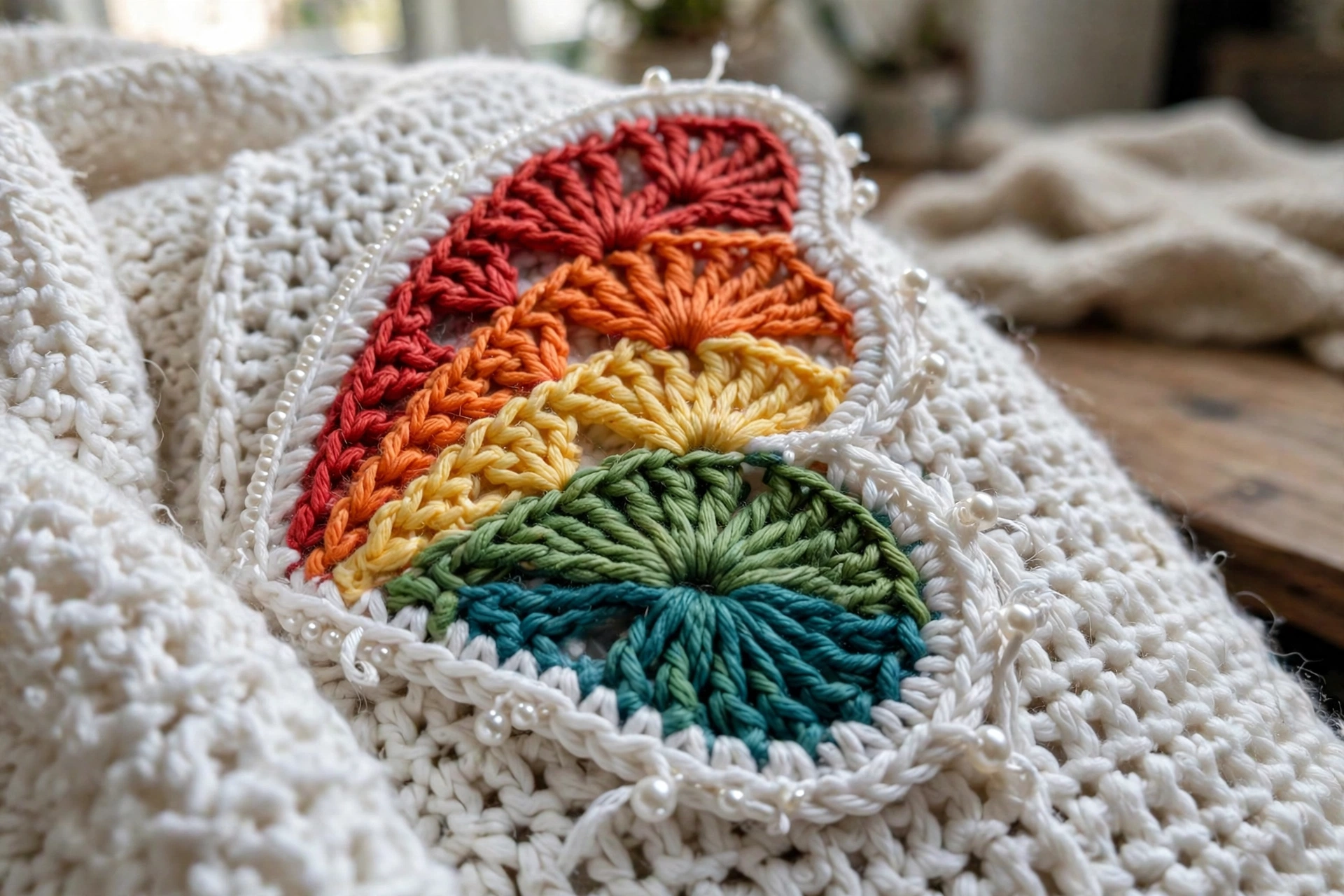 Close-up of rainbow fan-stitch butterfly wing detail with pearl beads on a white crochet cardigan