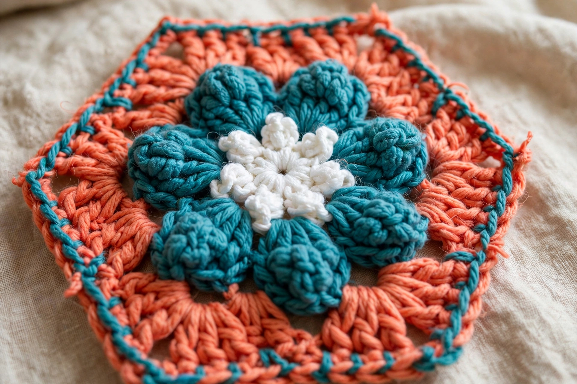 Close-up of the coral African flower hexagon motif with teal flower and white center