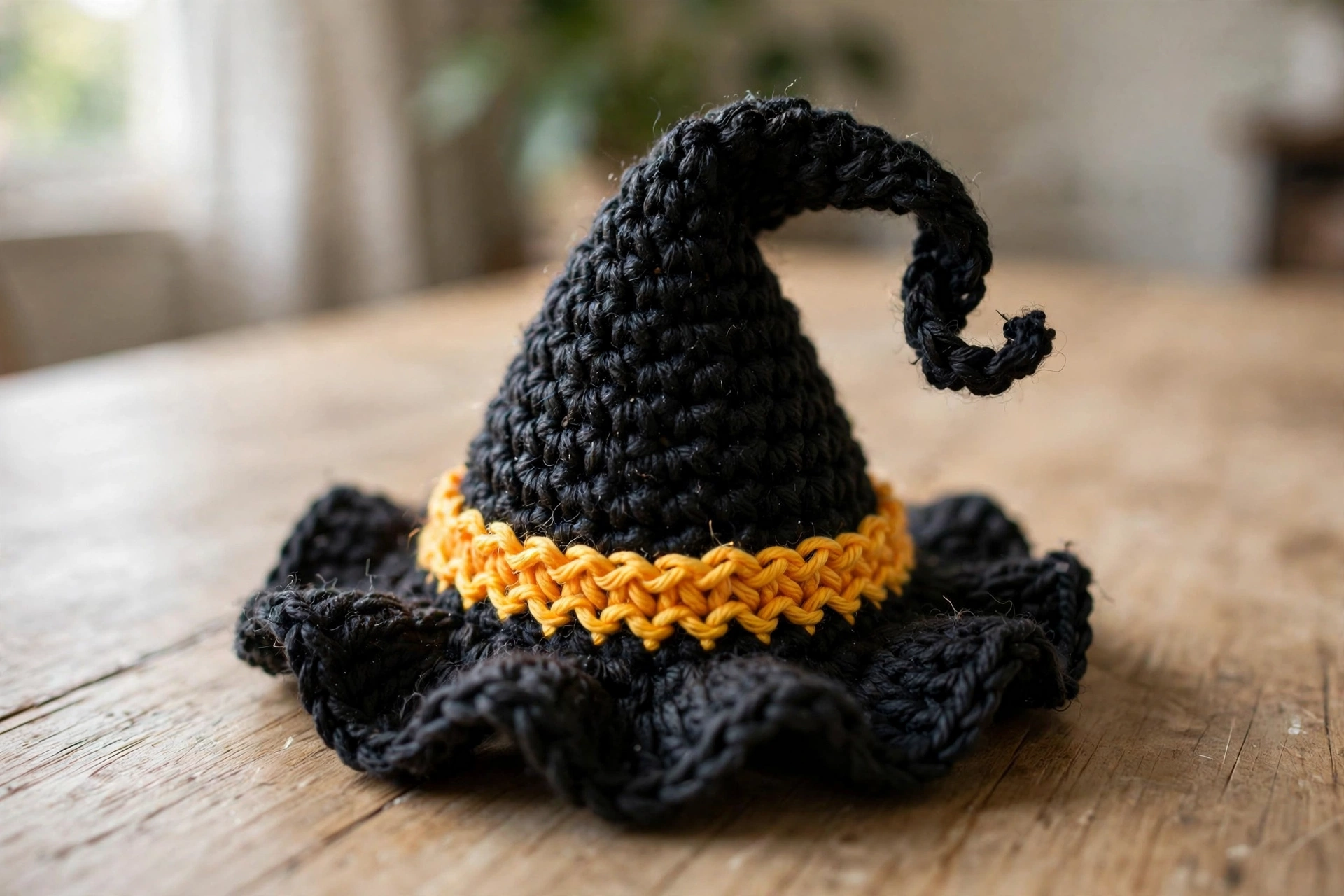 Close-up of a mini black crochet witch hat with a yellow band and curled tip