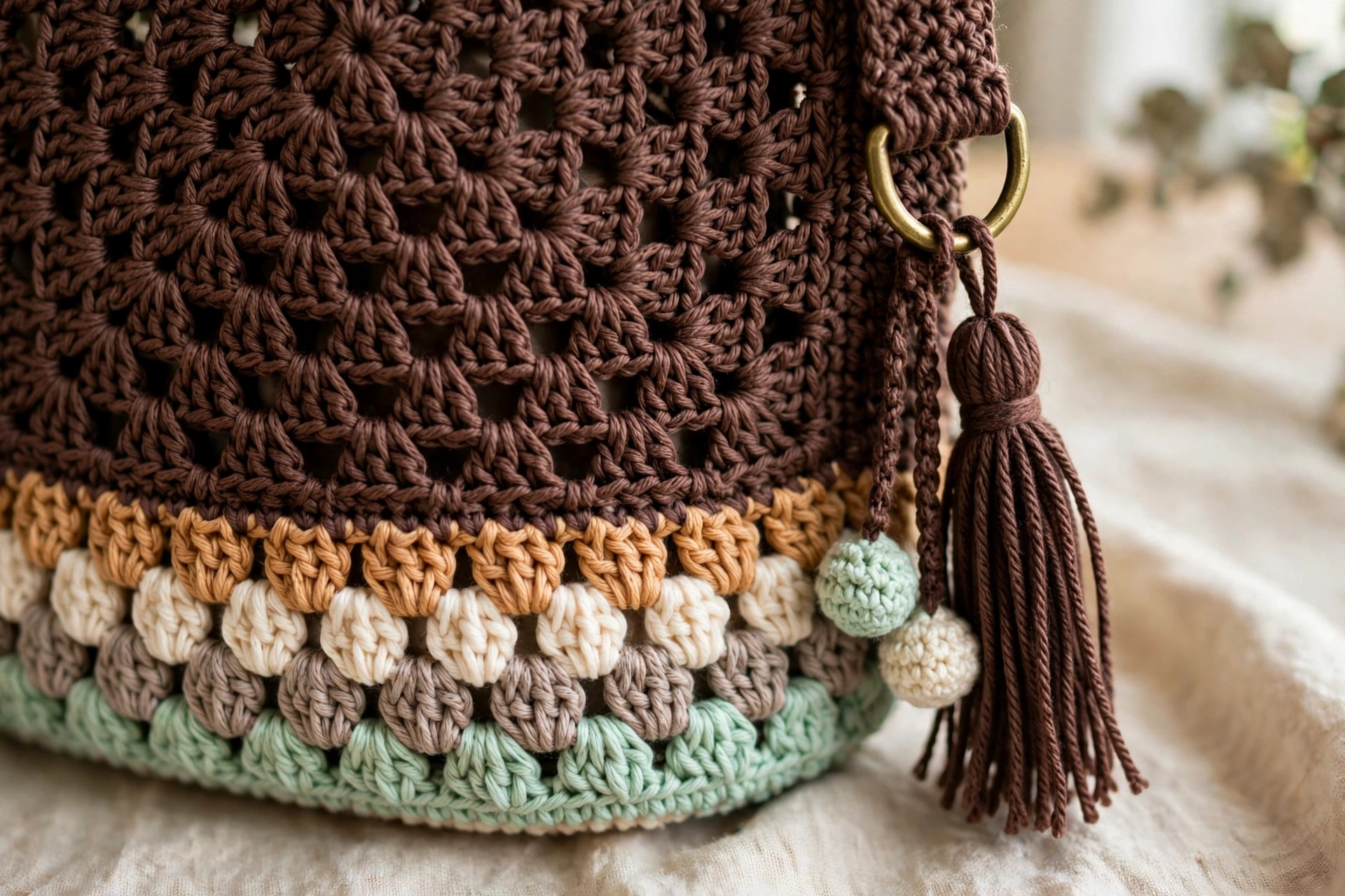 Close-up of the mint chocolate tote's granny square lattice, puff stitch border, and tassel charm