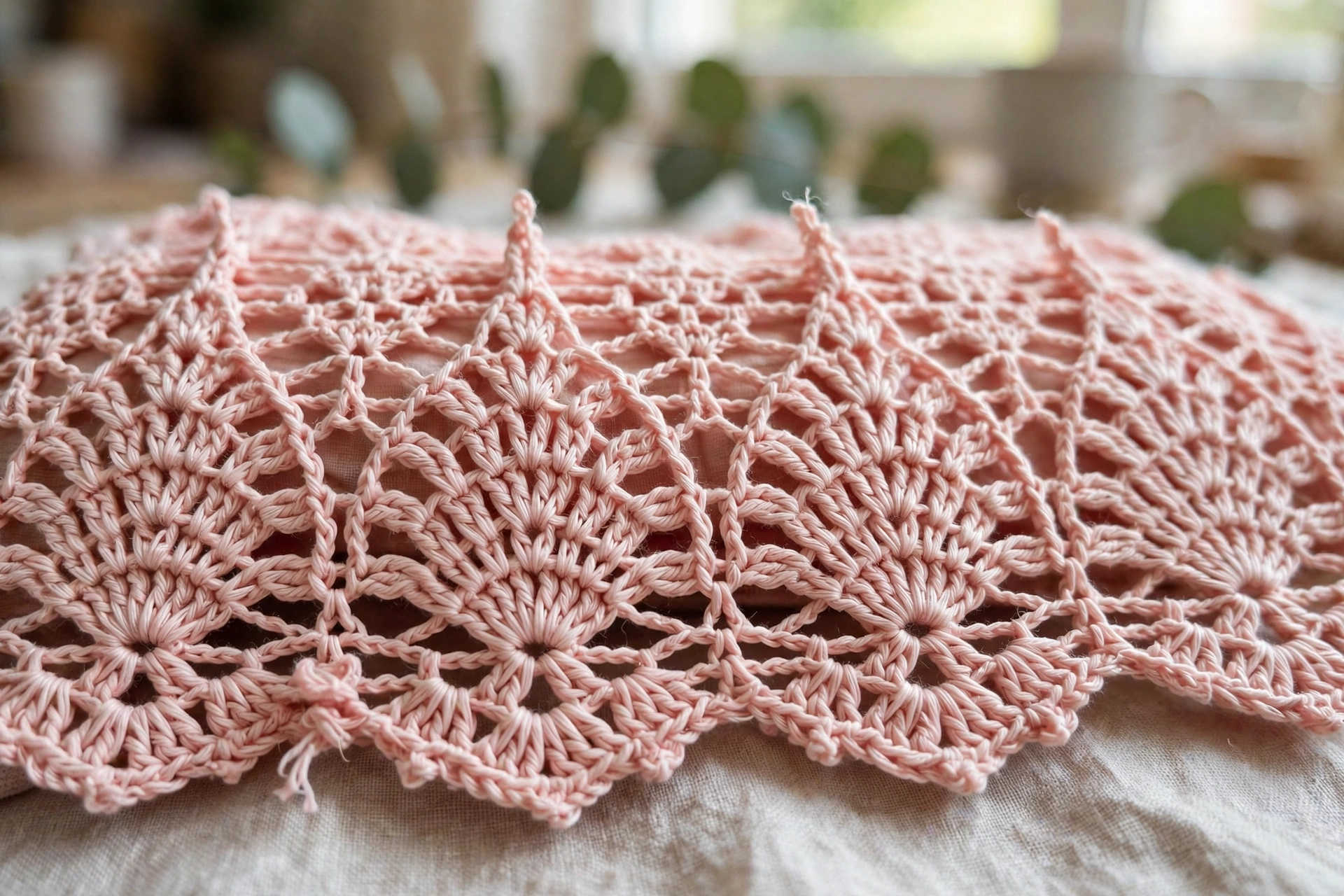 Close-up of the blush pink pineapple lace skirt and scalloped hem